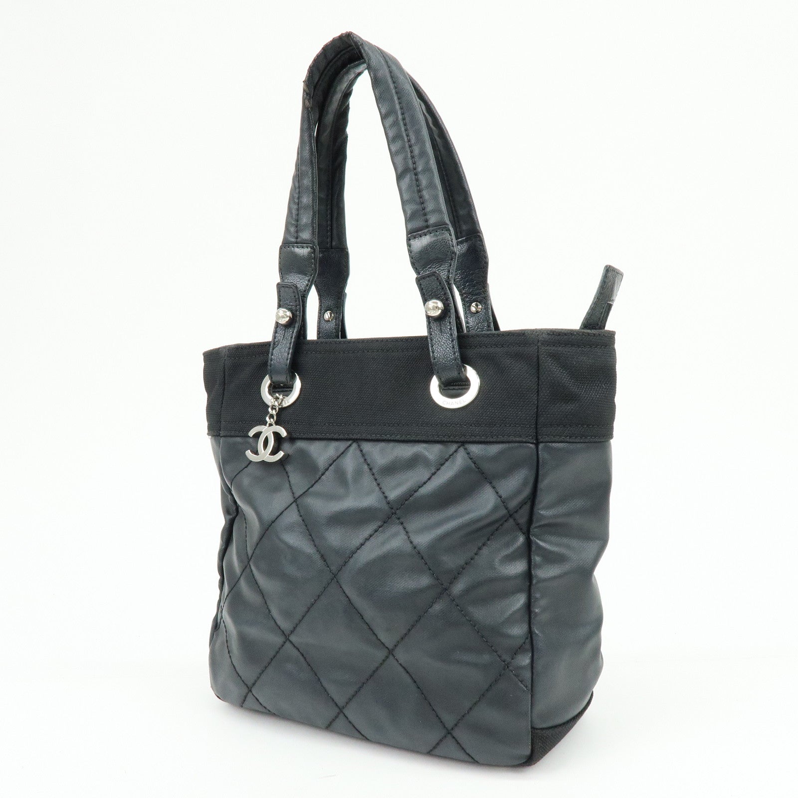 CHANEL Paris Biarritz PM PVC Canvas Leather Tote Bag Black A34208