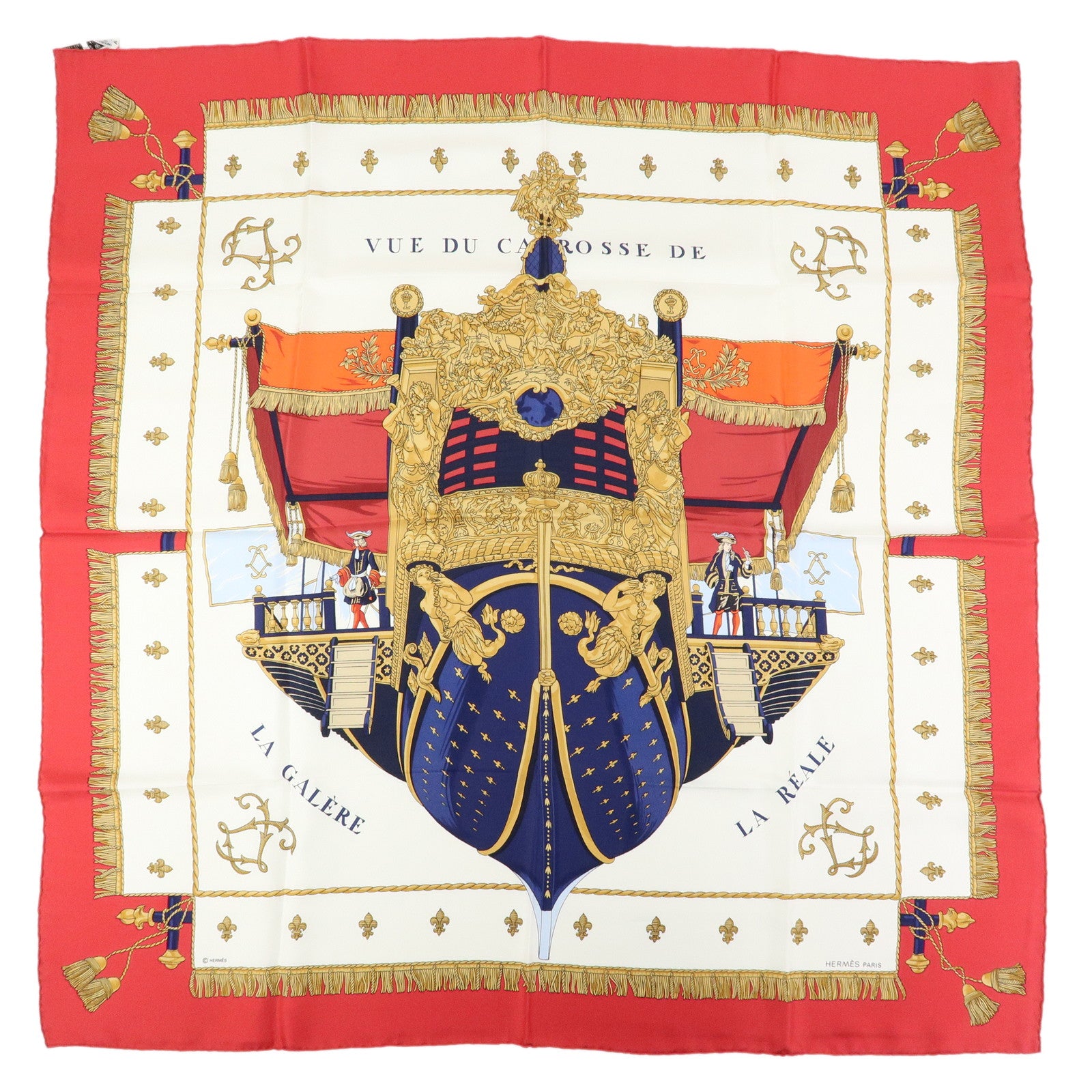 HERMES Carre 90 Silk 100% Scarf VUE DU CARROSSE DE LA GALERE White