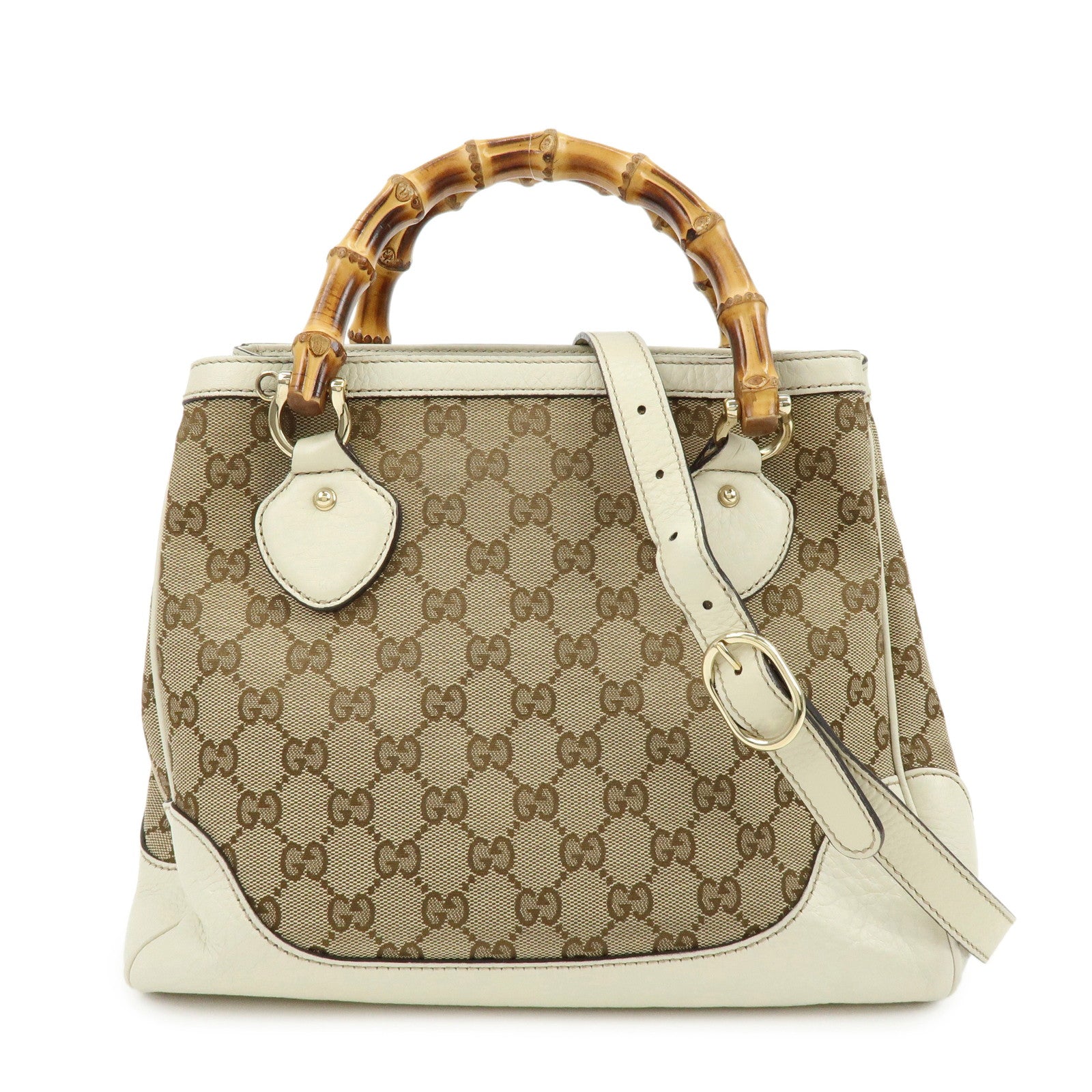 GUCCI Bamboo GG Canvas Leather 2Way Hand Shoulder Bag White 308360