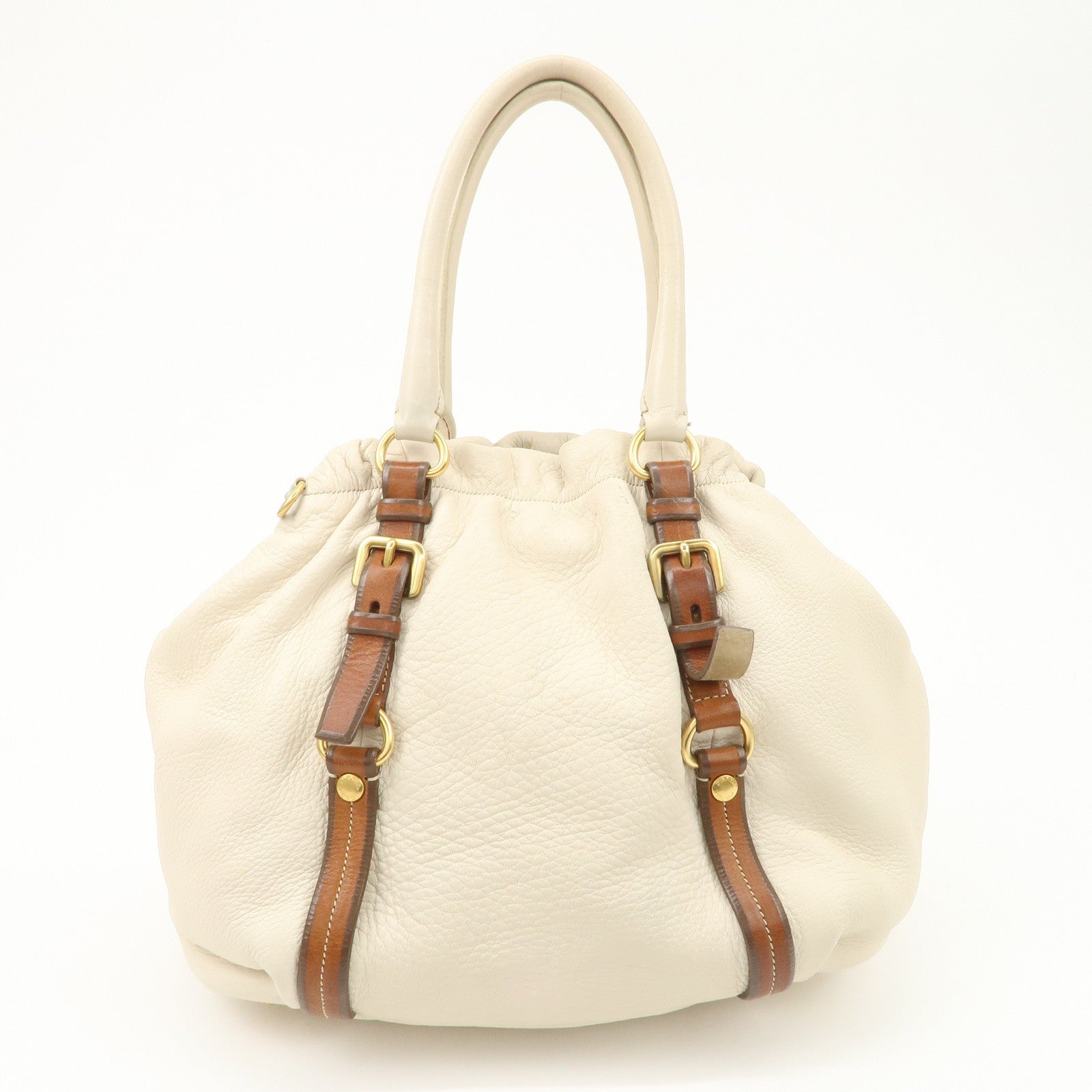 PRADA Leather 2Way Bag Tote Bag Brown White BN1773 Used