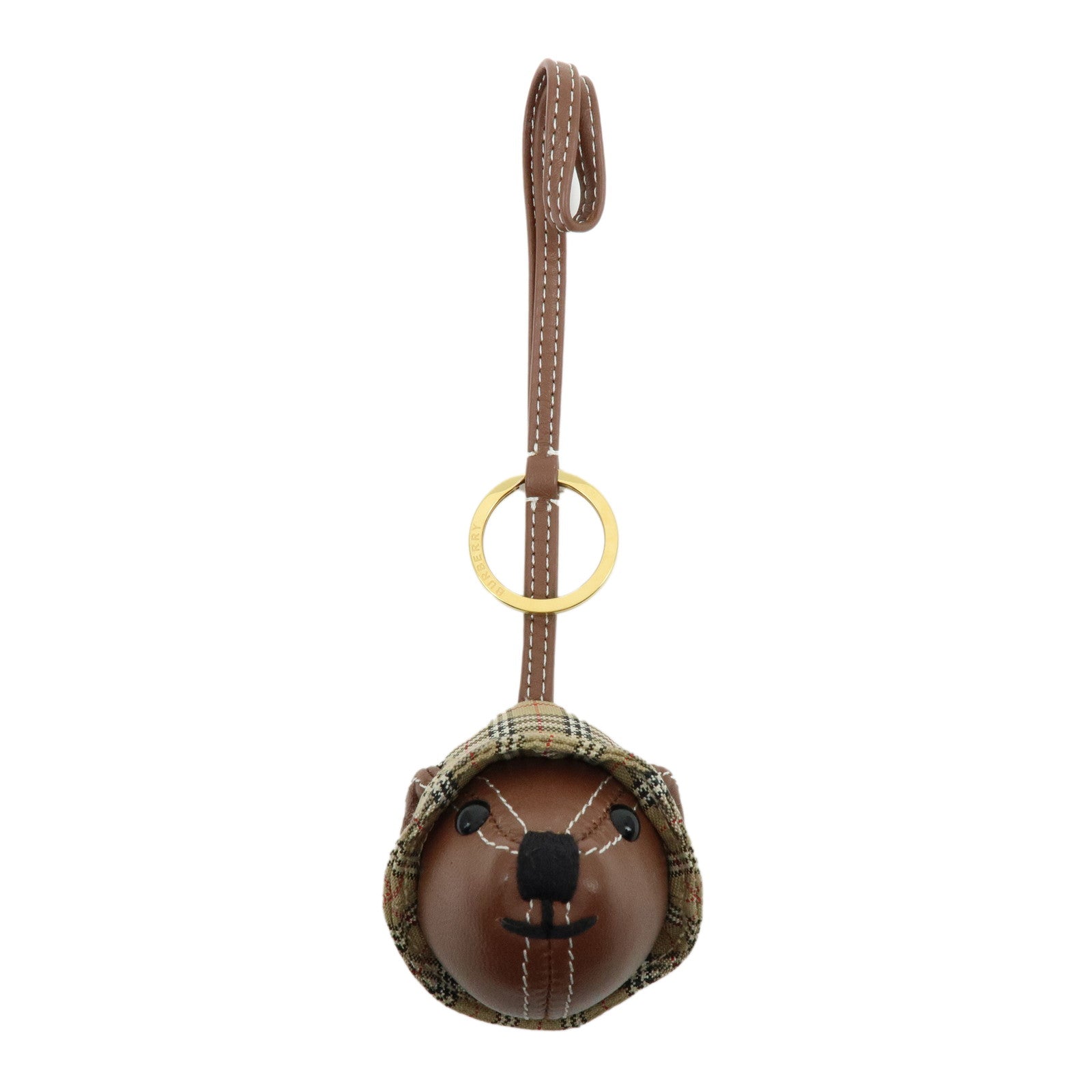 BURBERRY Nova Plaid Bear Motif Leather Canvas Bag Charm Key Chain