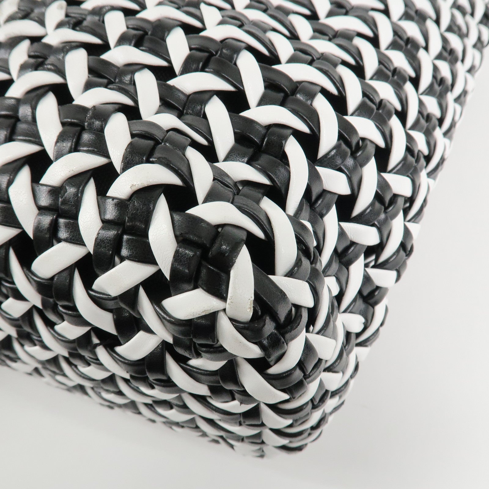 MIU MIU Leather Braid Tote Bag Shoulder Bag Black White 5BG193 Used