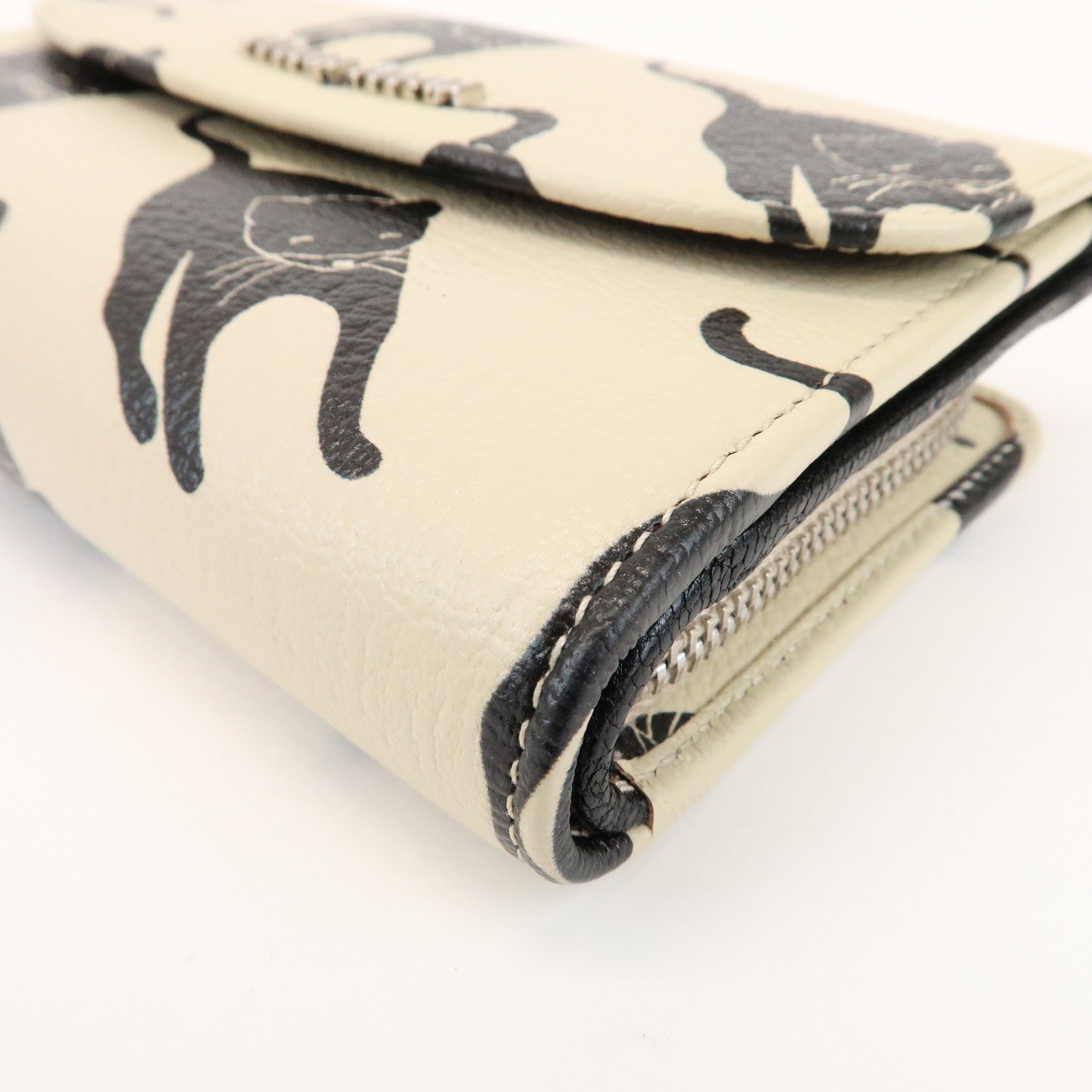 MIU MIU Leather Bi-fold Compact Wallet Black Cat Ivory 5ML225
