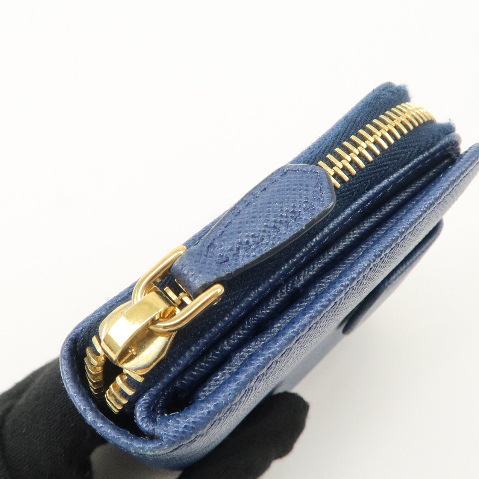 PRADA Logo Leather Round Zippy Bi-fold Wallet Blue 1ML522 Used