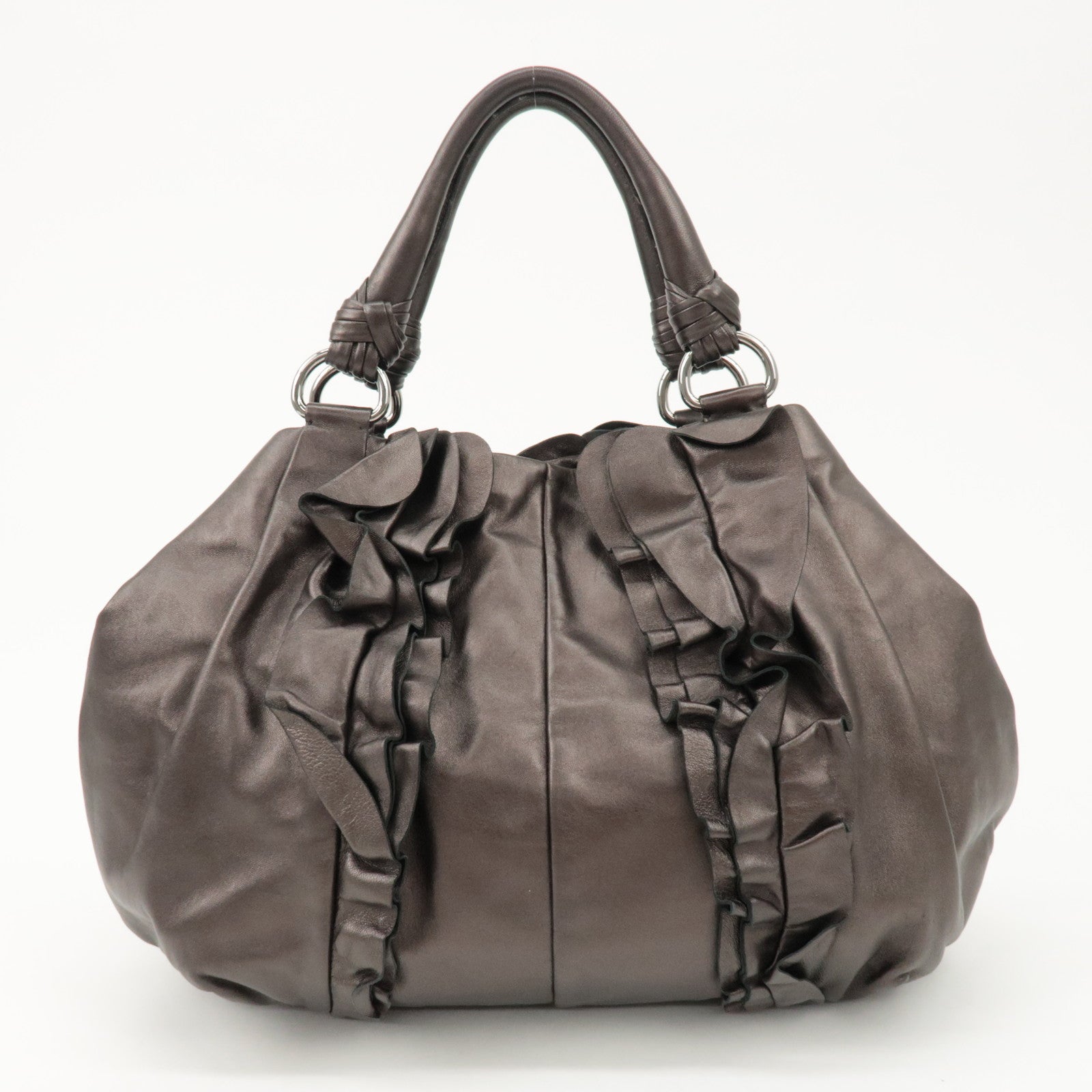 PRADA Nappa Leather Gathered Tote Bag Hand Bag Bronze BR3987 Used