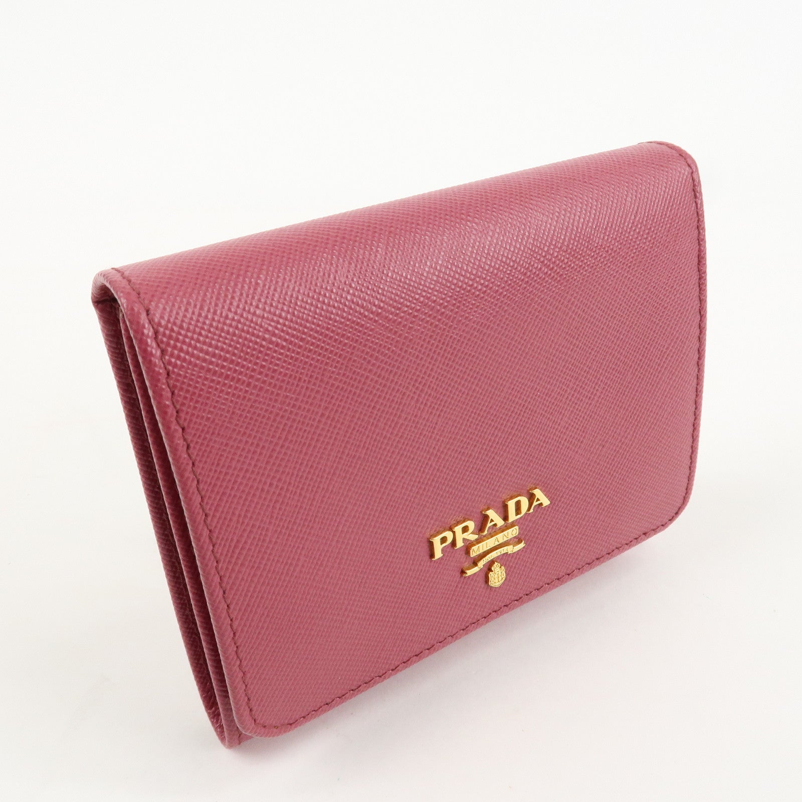 PRADA Logo Saffiano Leather Tri-fold Compact Wallet Pink 1M0176 Used