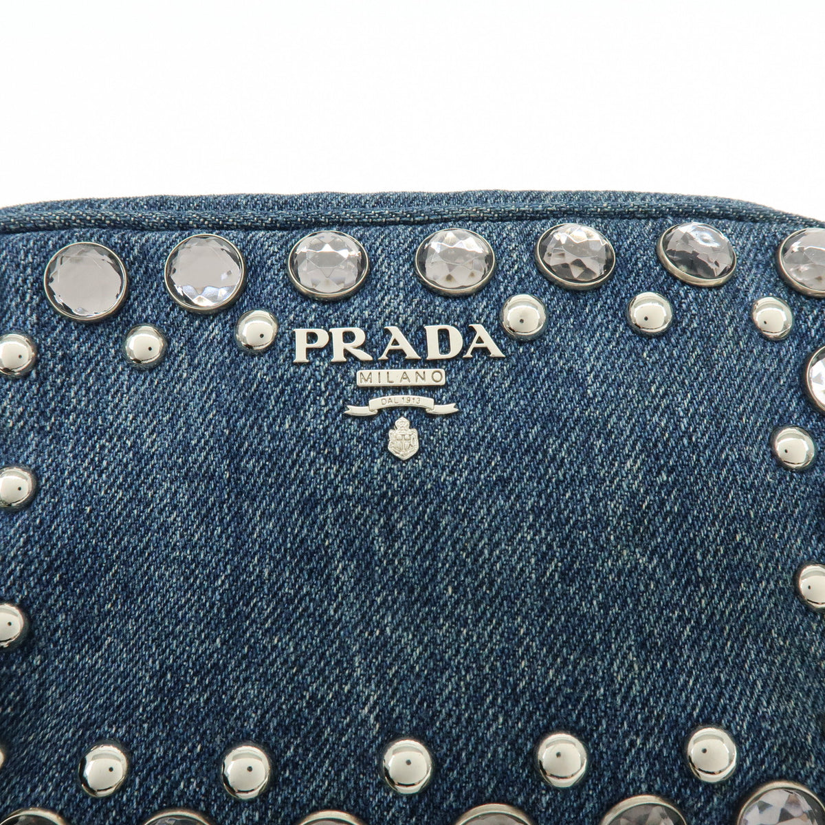 PRADA Logo Denim Shoulder Bag Crossbody Bag Rhinestone Blue