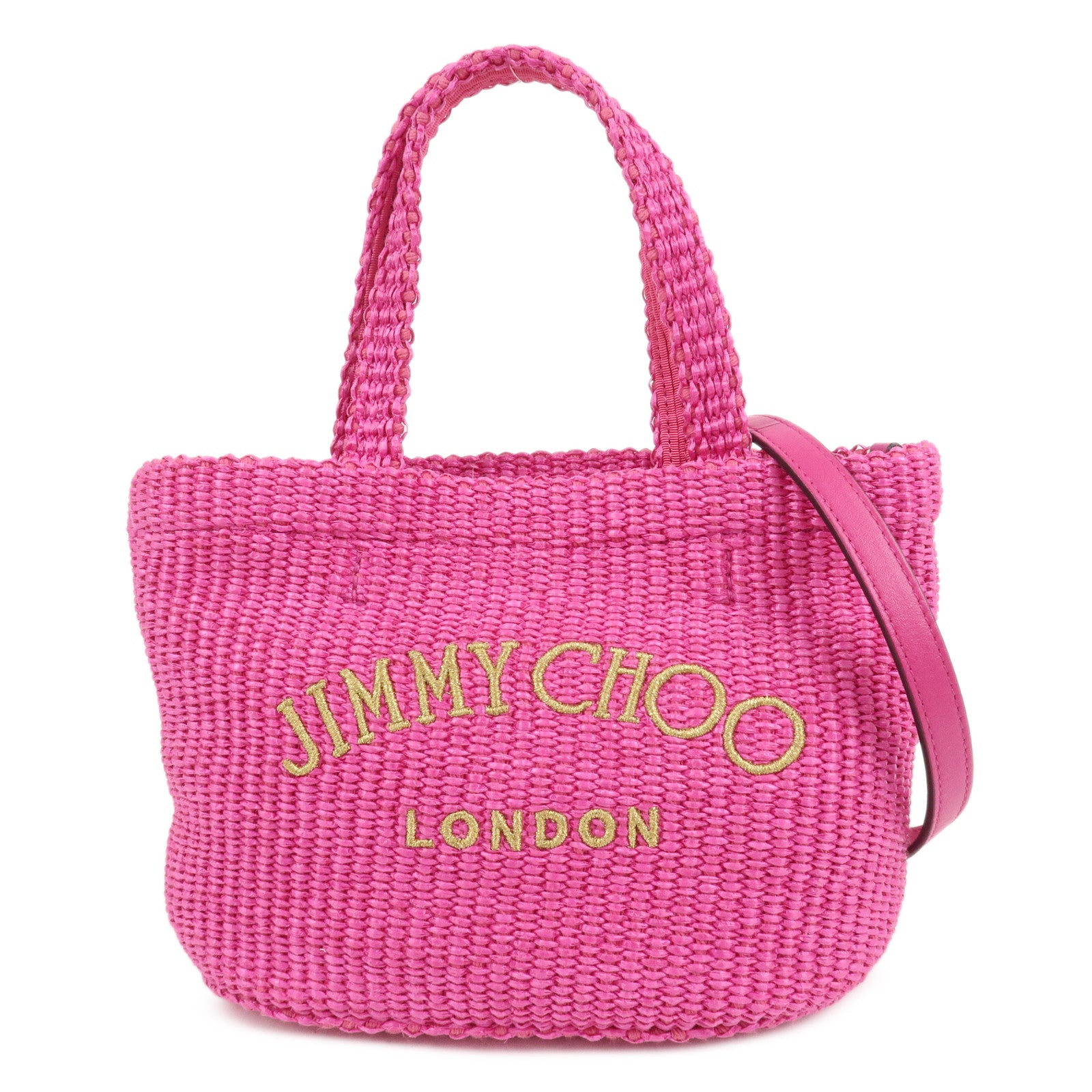 JIMMY CHOO Leather Raffia Beach West East 2 Way Bag Mini Tote Bag
