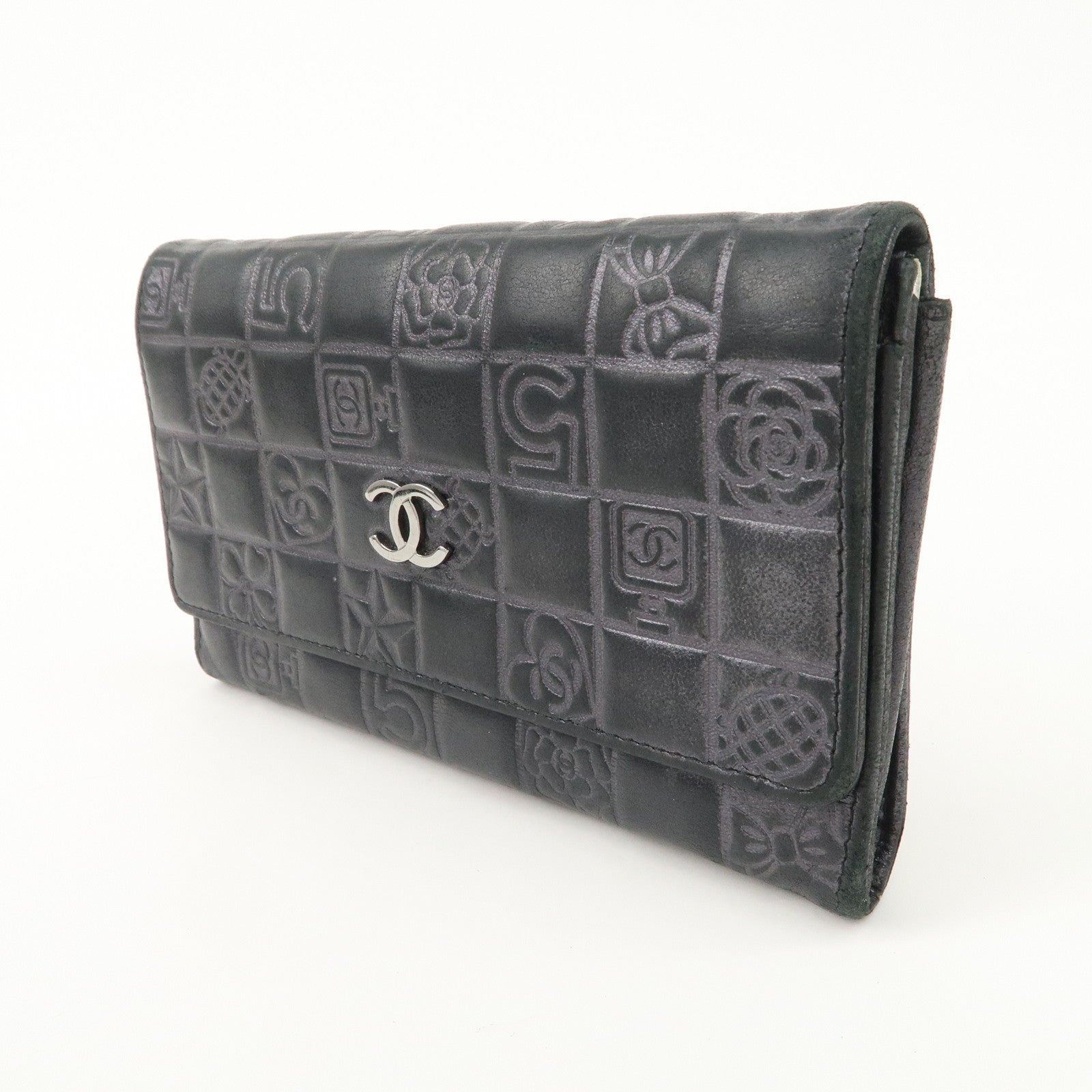 CHANEL Icon Line COCO Mark Lamb Skin Bi-fold Wallet Black Used
