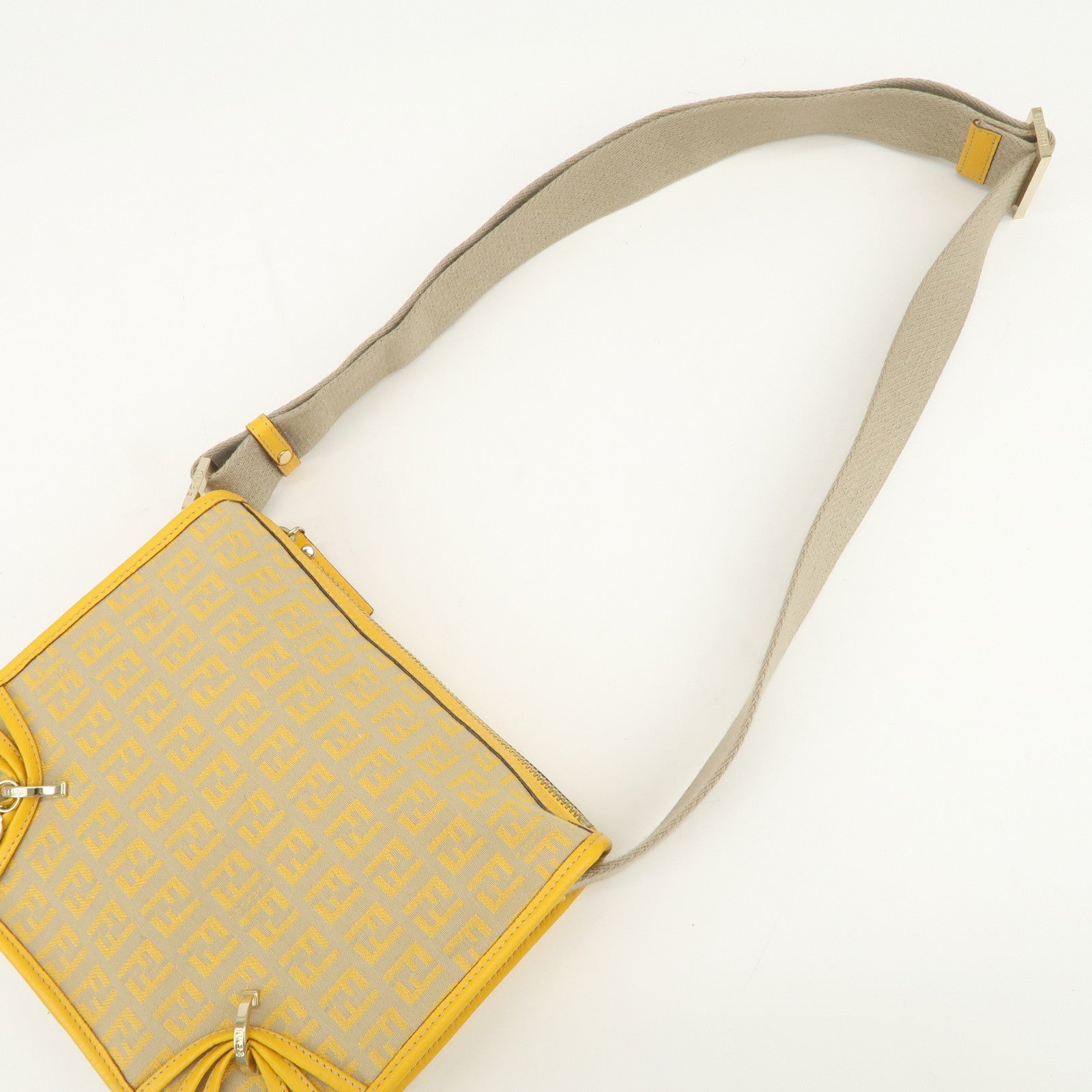 FENDI Zucchino Canvas Leather Shoulder Bag Beige Yellow 8BT089