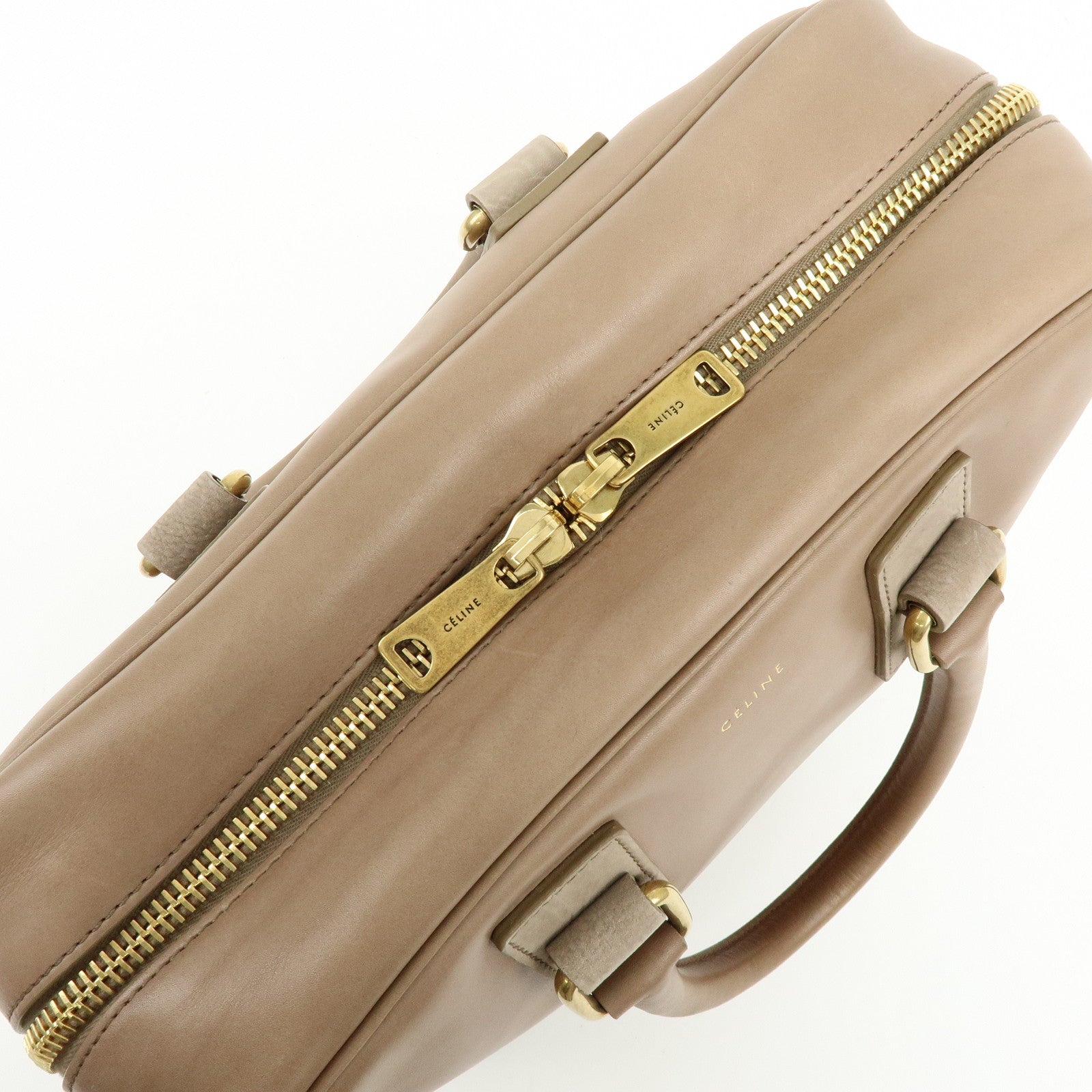 CELINE Leather Suede Hand Bag Boston Bag Beige