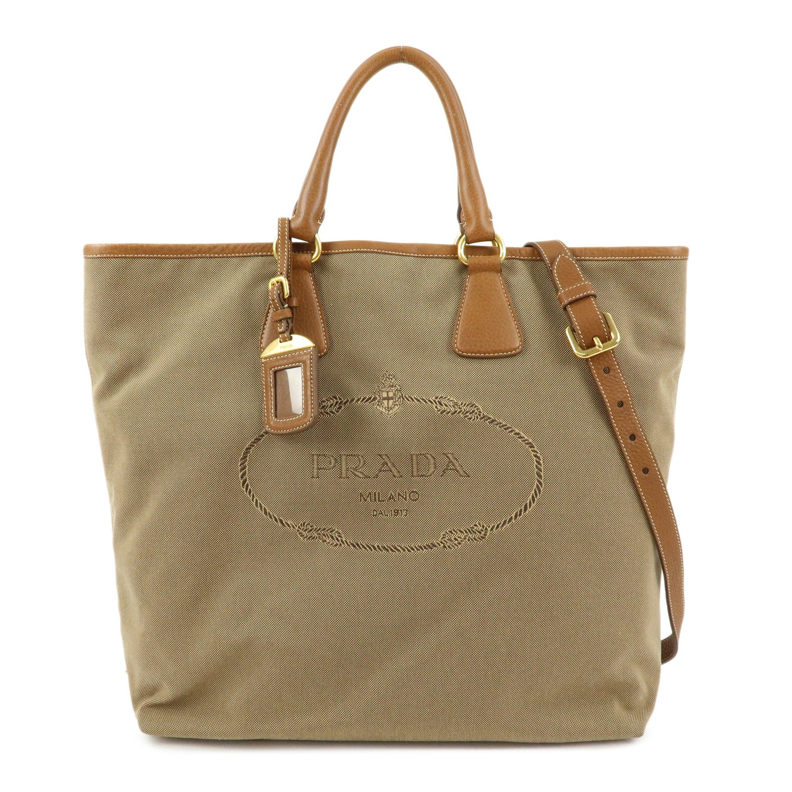 PRADA Triangle Logo Jacquard Leather 2Way Bag Hand Bag Brown