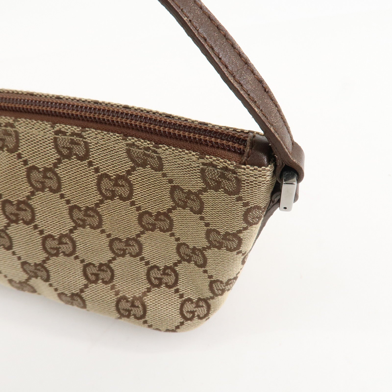 GUCCI GG Canvas Leather Bag Hand Bag Pouch Beige Brown 07198 Used