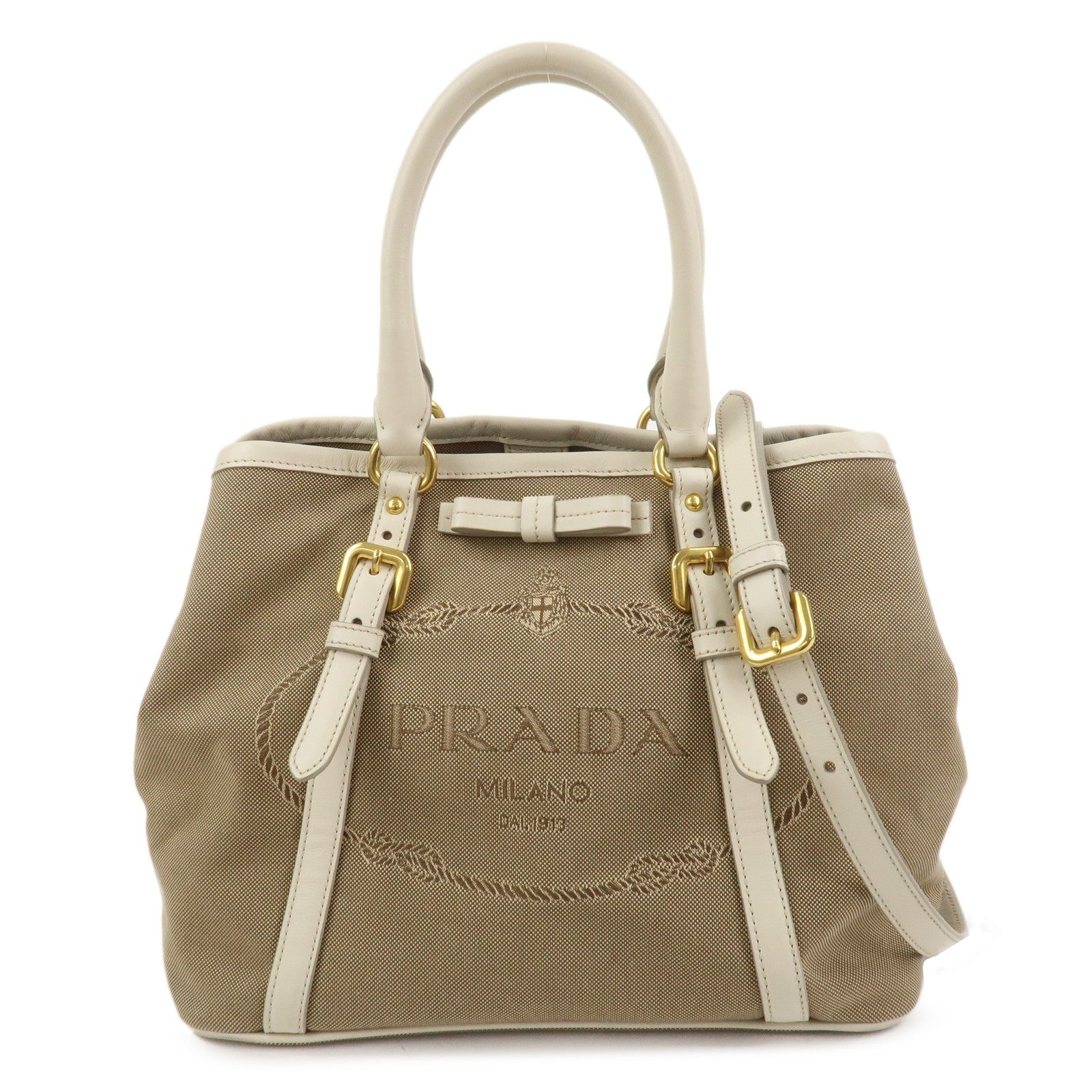 PRADA Logo Jaquard Leather 2Way Hand Bag Shoulder Bag Beige White