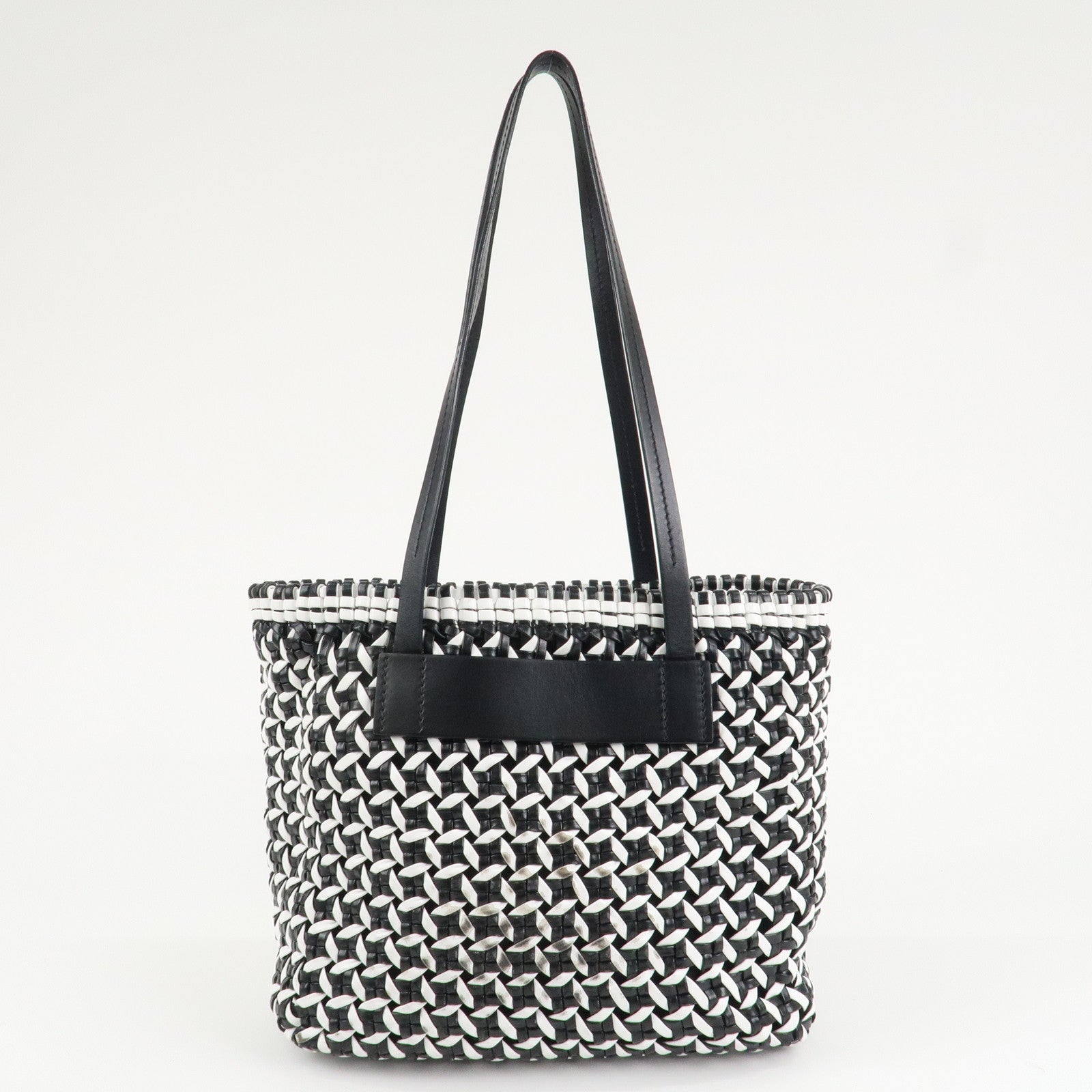 MIU MIU Leather Braid Tote Bag Shoulder Bag Black White 5BG193 Used