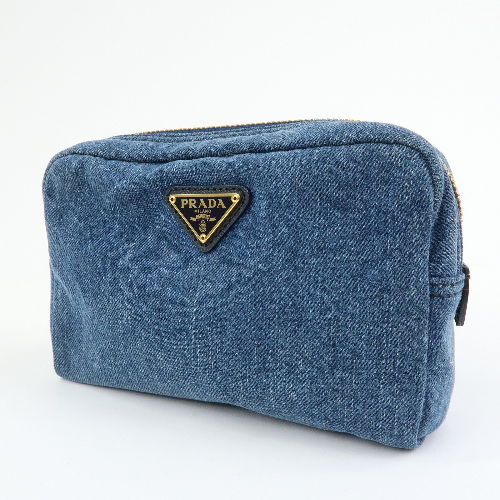 PRADA Triangle Logo Denim Cosmetic Pouch Accessory Pouch Blue