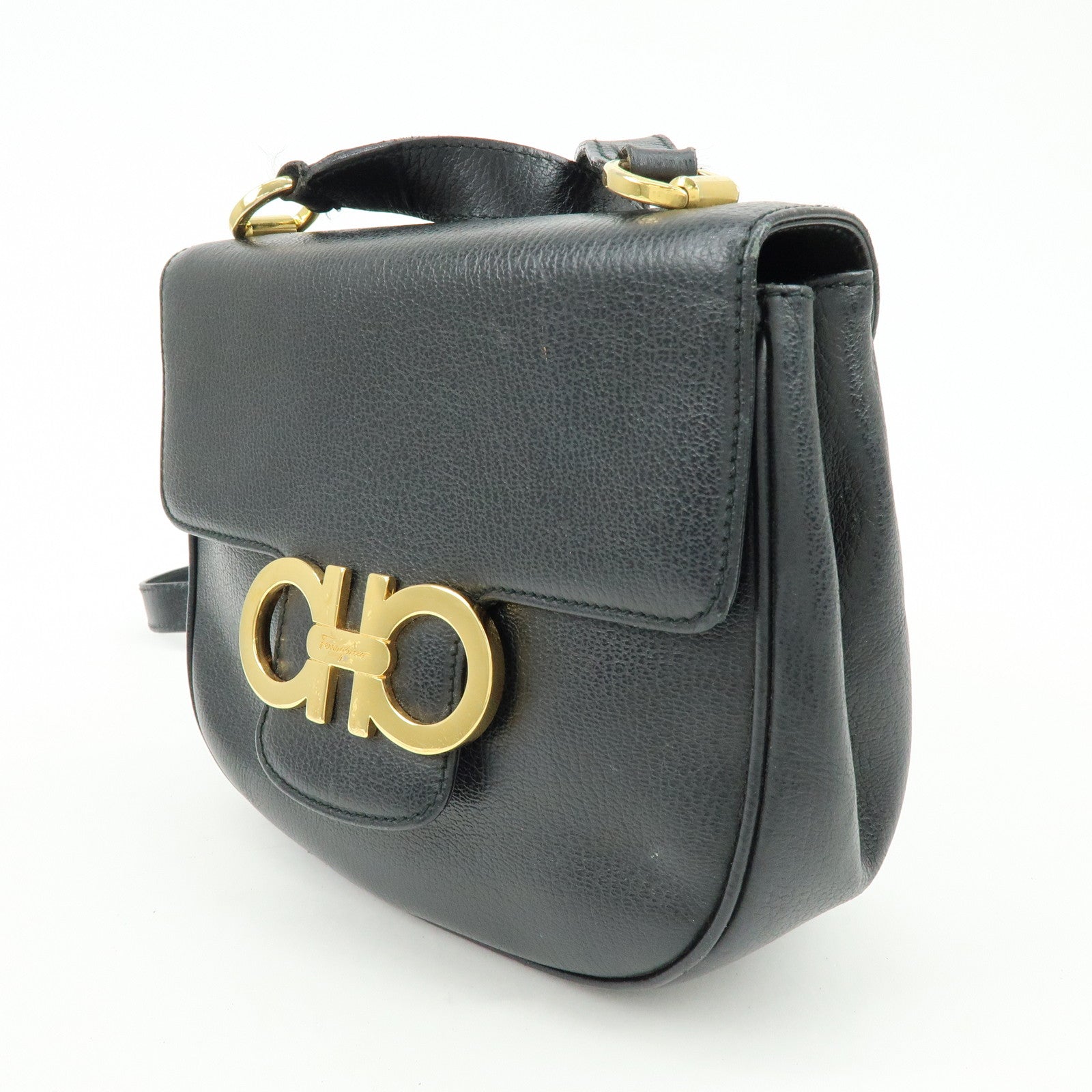Ferragamo Gancini Leather Shoulder Bag Crossbody Bag Black