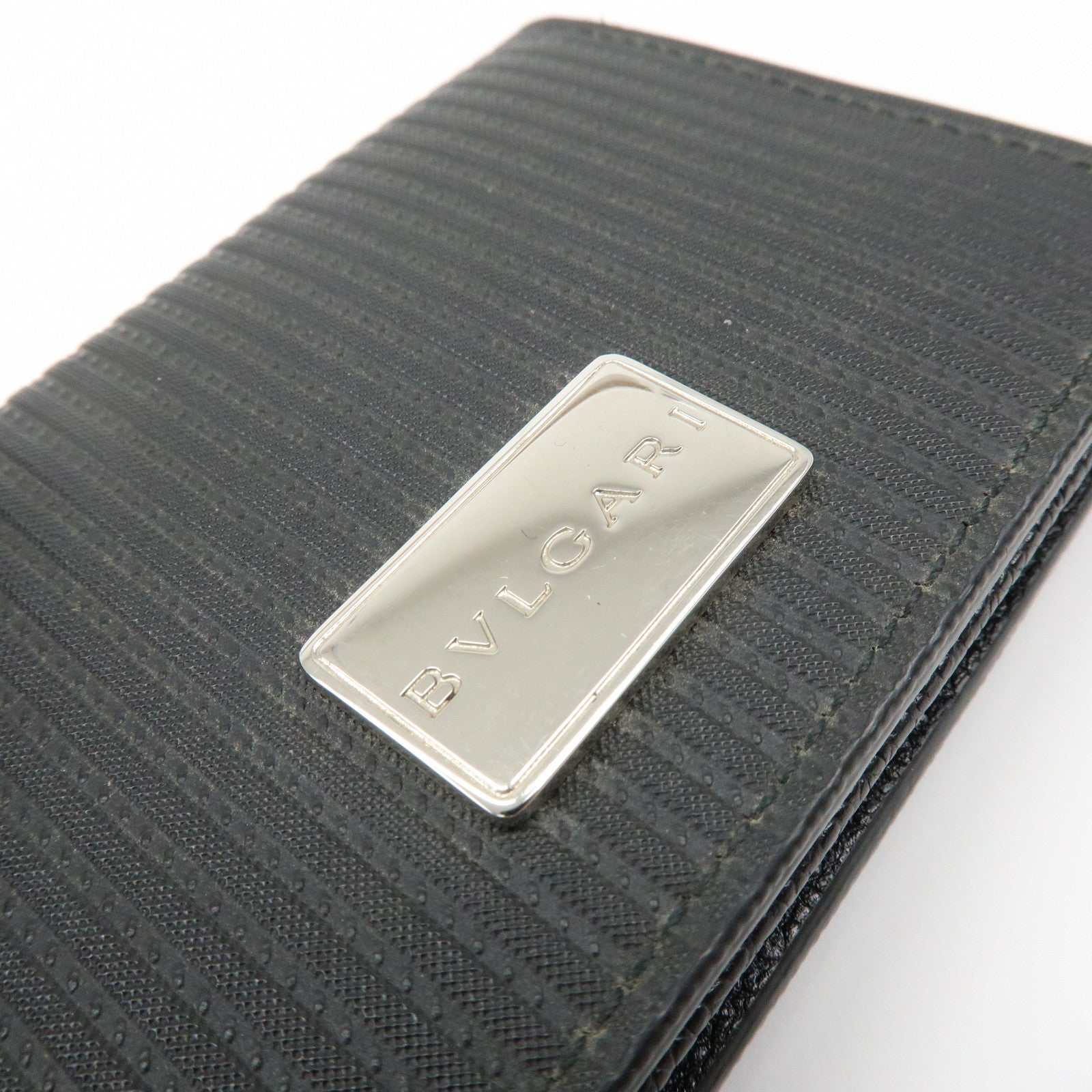 BVLGARI Millerighe Set of 2 PVC Leather Card Case Key Case Black