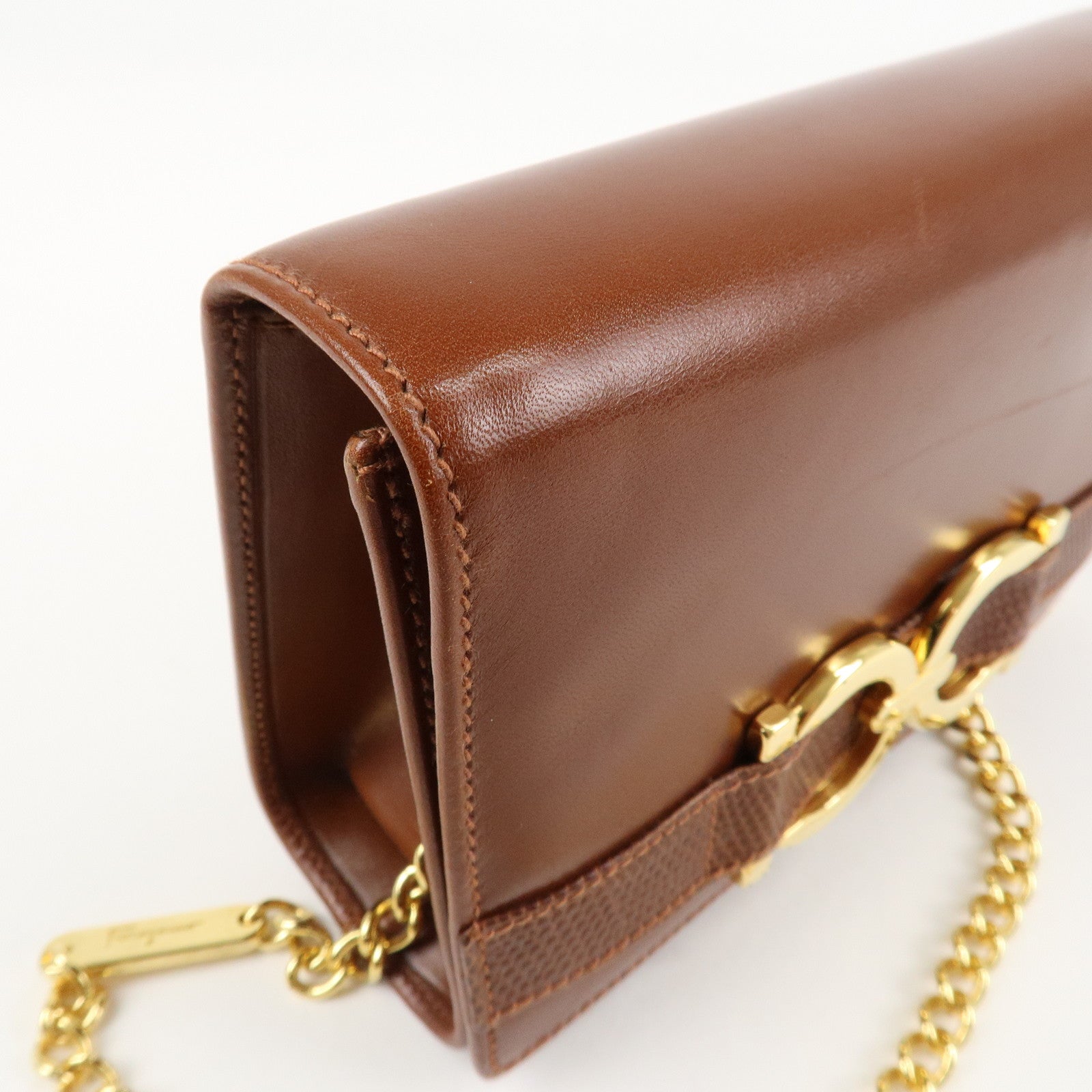 Ferragamo Gancini Leather Chain Shoulder Bag Brown Gold HDW Used