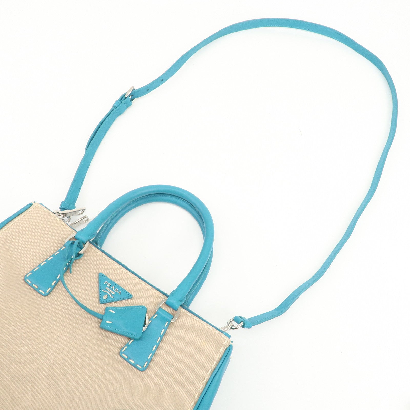 PRADA Triangle Logo Canvas 2Way Bag Hand Bag Tote Bag Blue B1801K