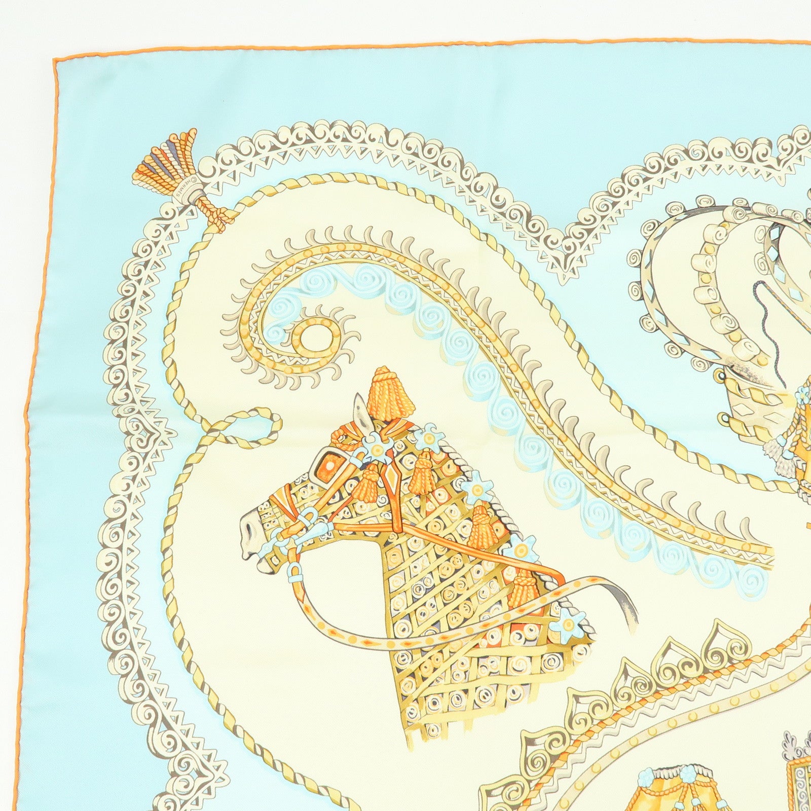 HERMES Carre 90 Silk 100% PAPEROLLES Scarf Light Blue Ivory