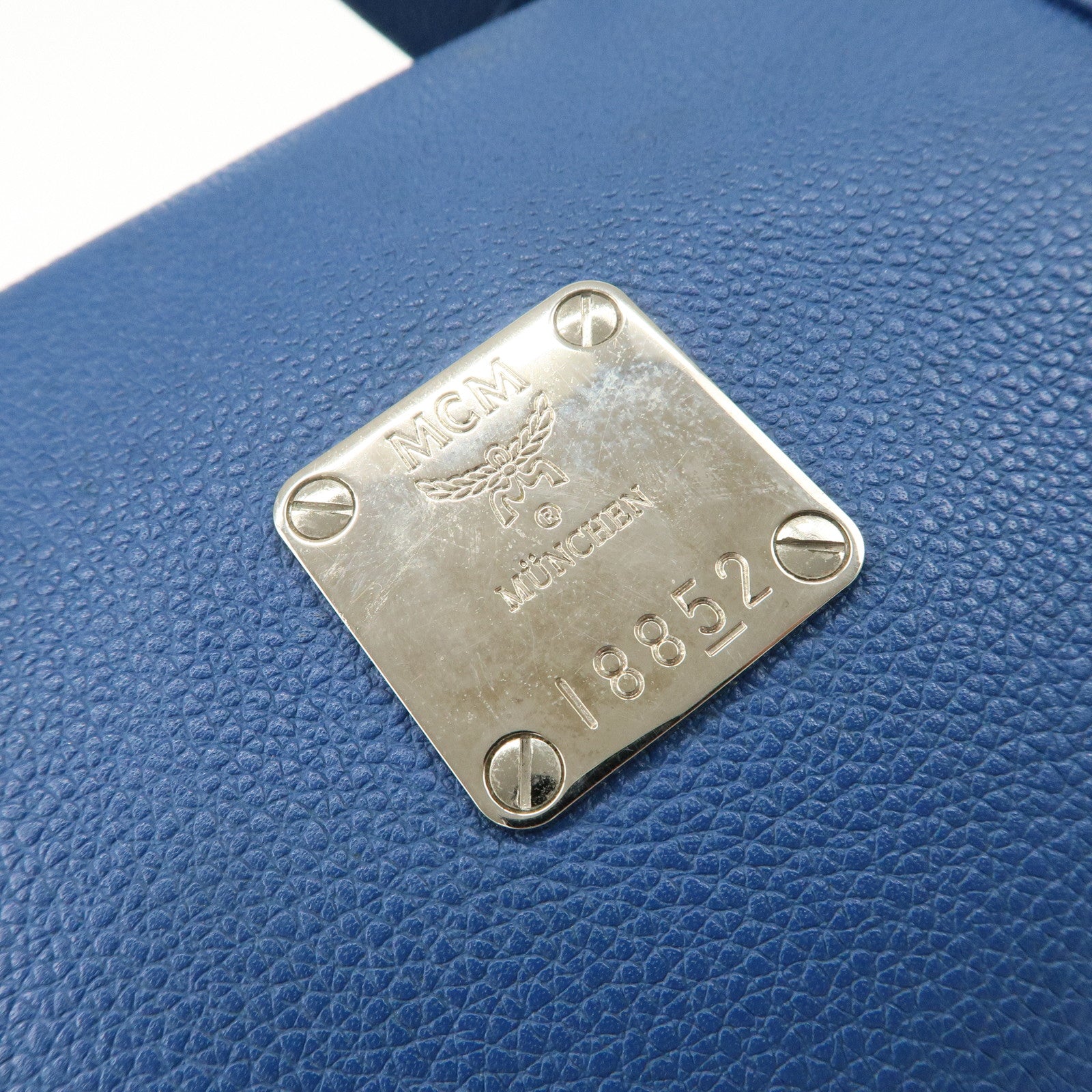 MCM Logo Leather Hand Bag Silver Studs Blue