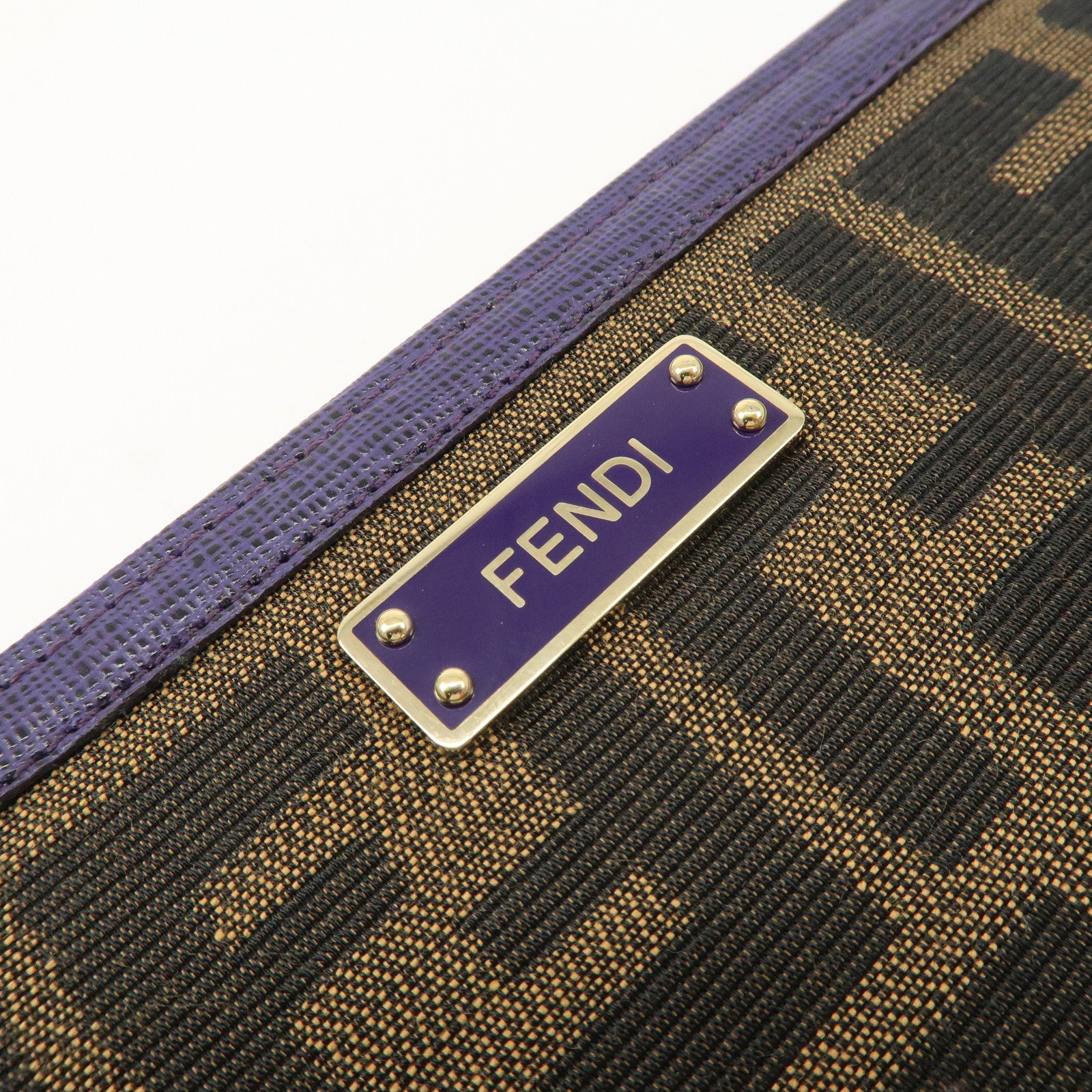 FENDI Zucchino Canvas Leather Round Zippy Long Wallet Brown Purple 8M0024 Used