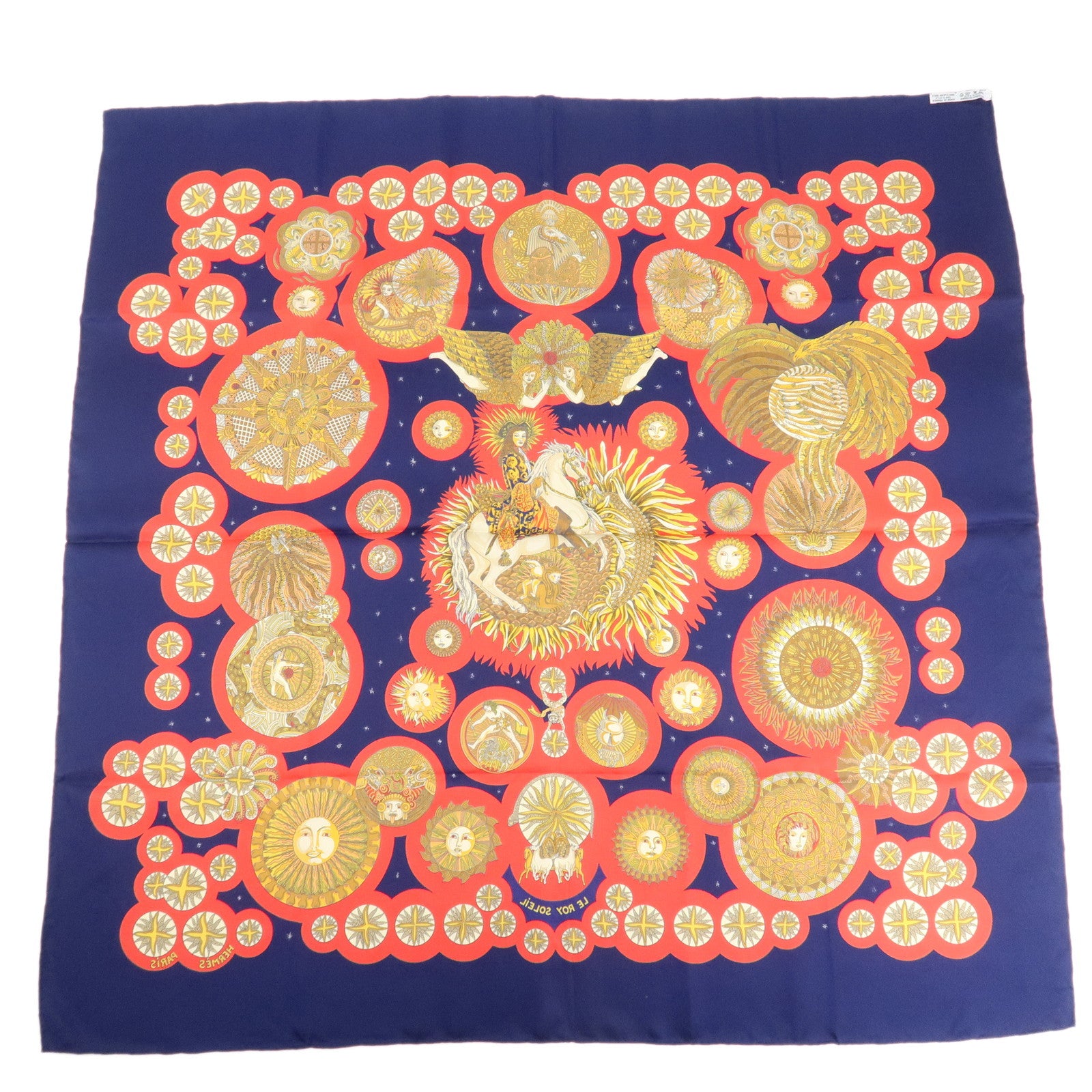 HERMES Pleats Carre Silk 100% Scarf Le Roy Soleil Navy Red Used