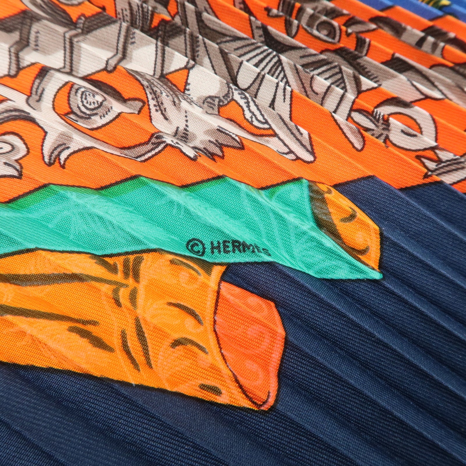 HERMES Silk 100% Pleats Carre Scarf L'ATLANTiDE Navy Red Used