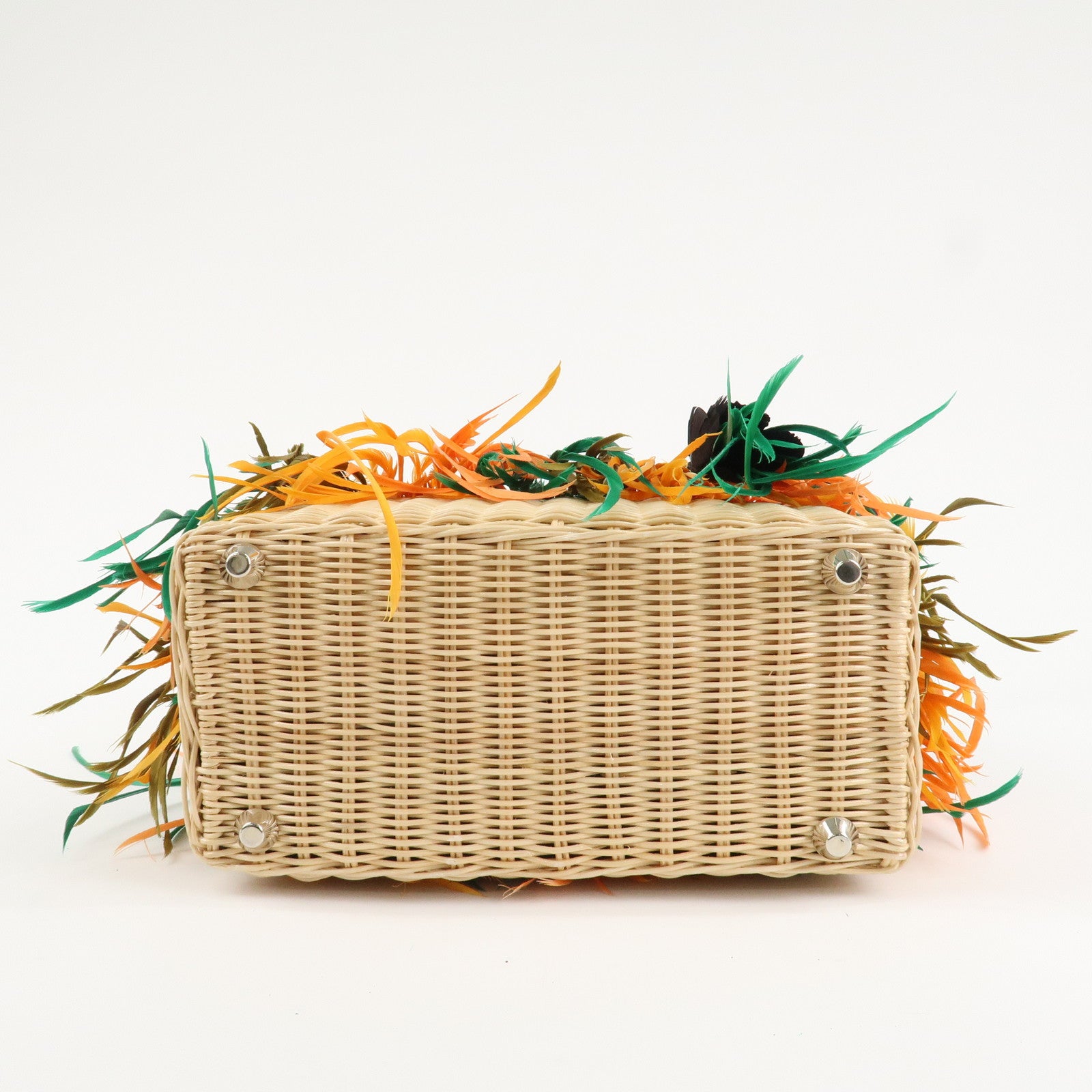 PRADA Wicker Canvas Basket Bag Beige Multicolor Silver HDW 1BG835