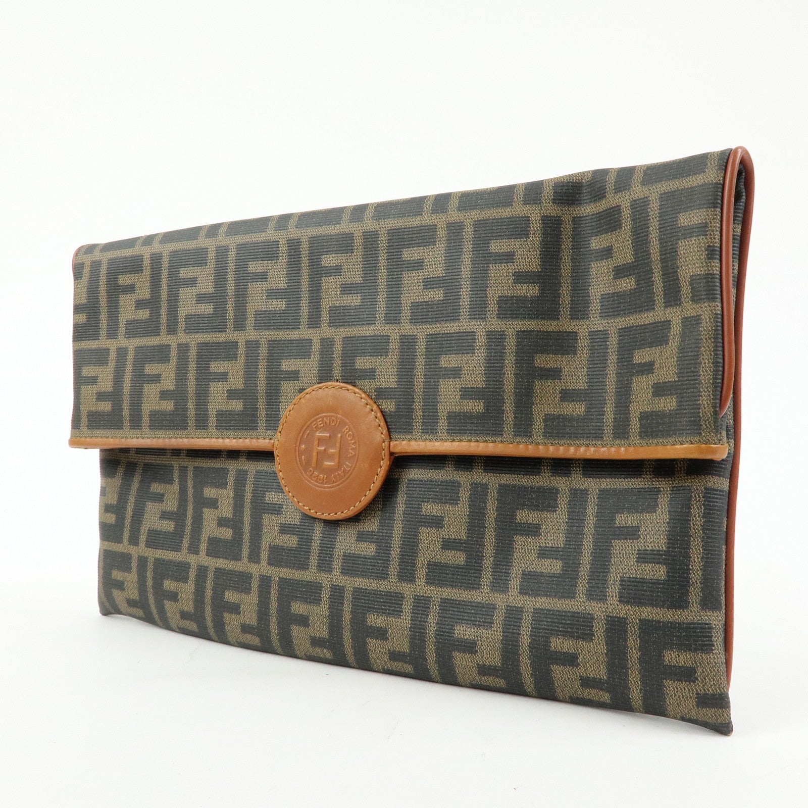 FENDI Zucca PVC Coated Canvas Leather Clutch Bag Brown 2487133