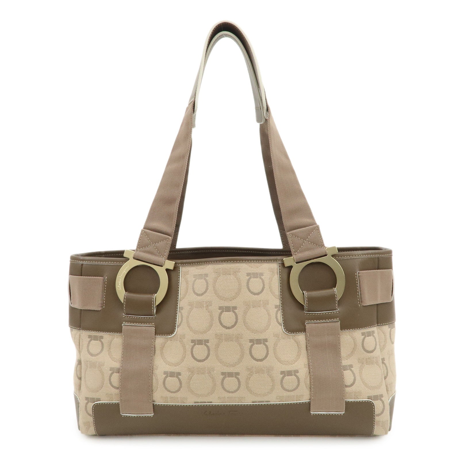 Ferragamo Gancini Canvas Leather Tote Bag Shoulder Bag Beige Brown