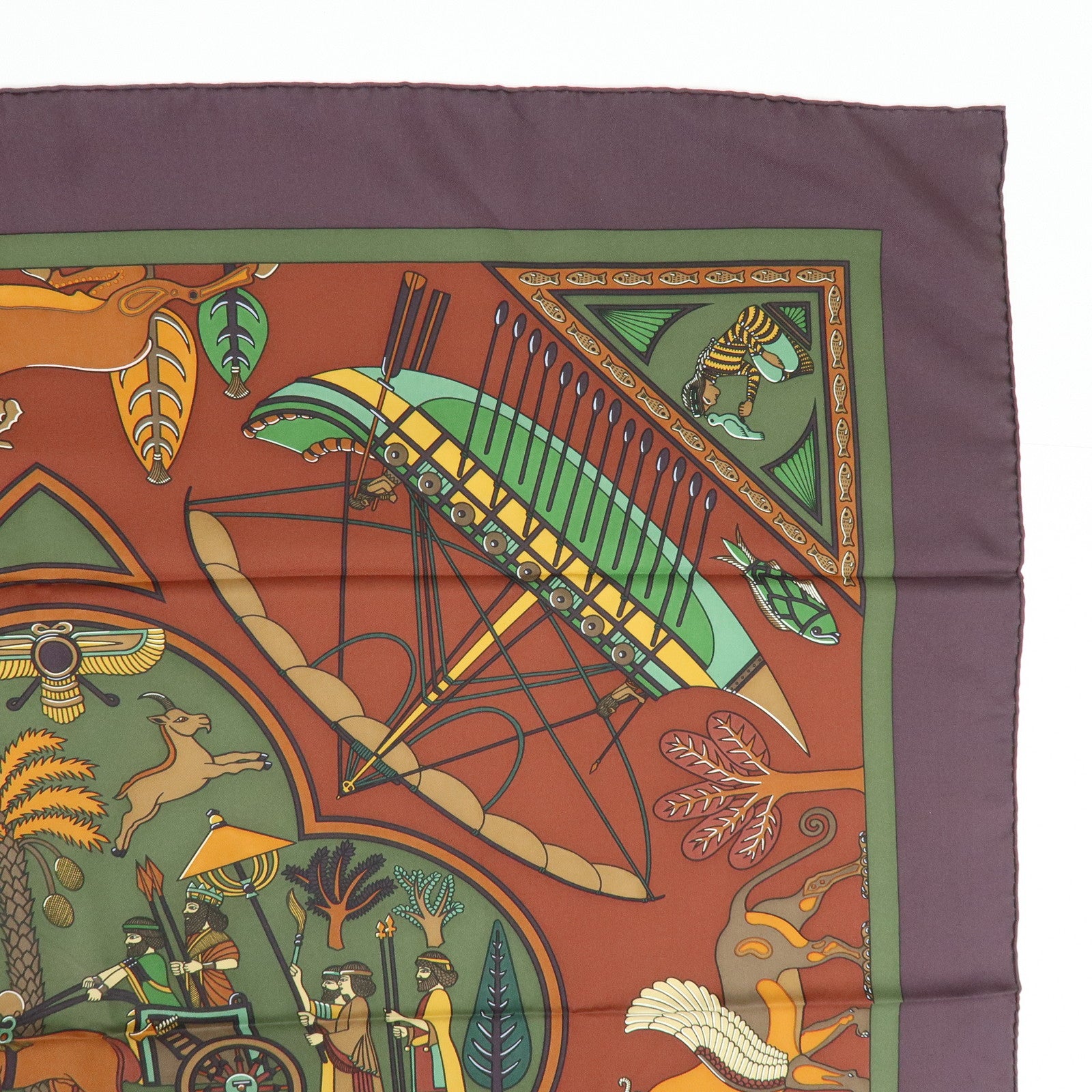 HERMES Carre 90 Silk 100% Scarf PERSEPOLIS Persian Print Brown