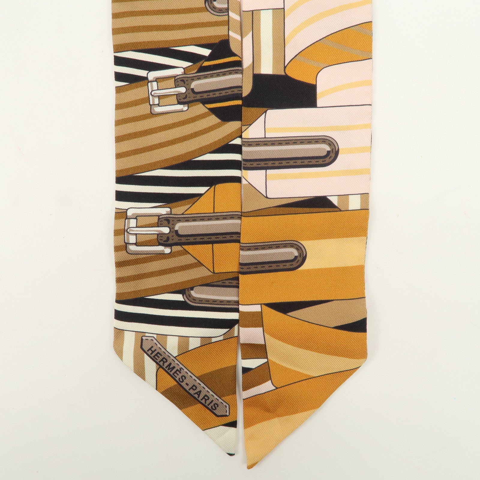 HERMES Twilly Silk 100% Scarf LES SANGLES Brown Black Peach