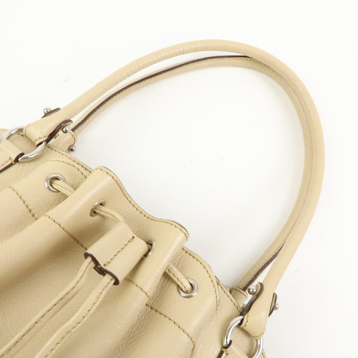 Ferragamo Gancini Leather Drawstring Shoulder Bag Hand Bag Beige
