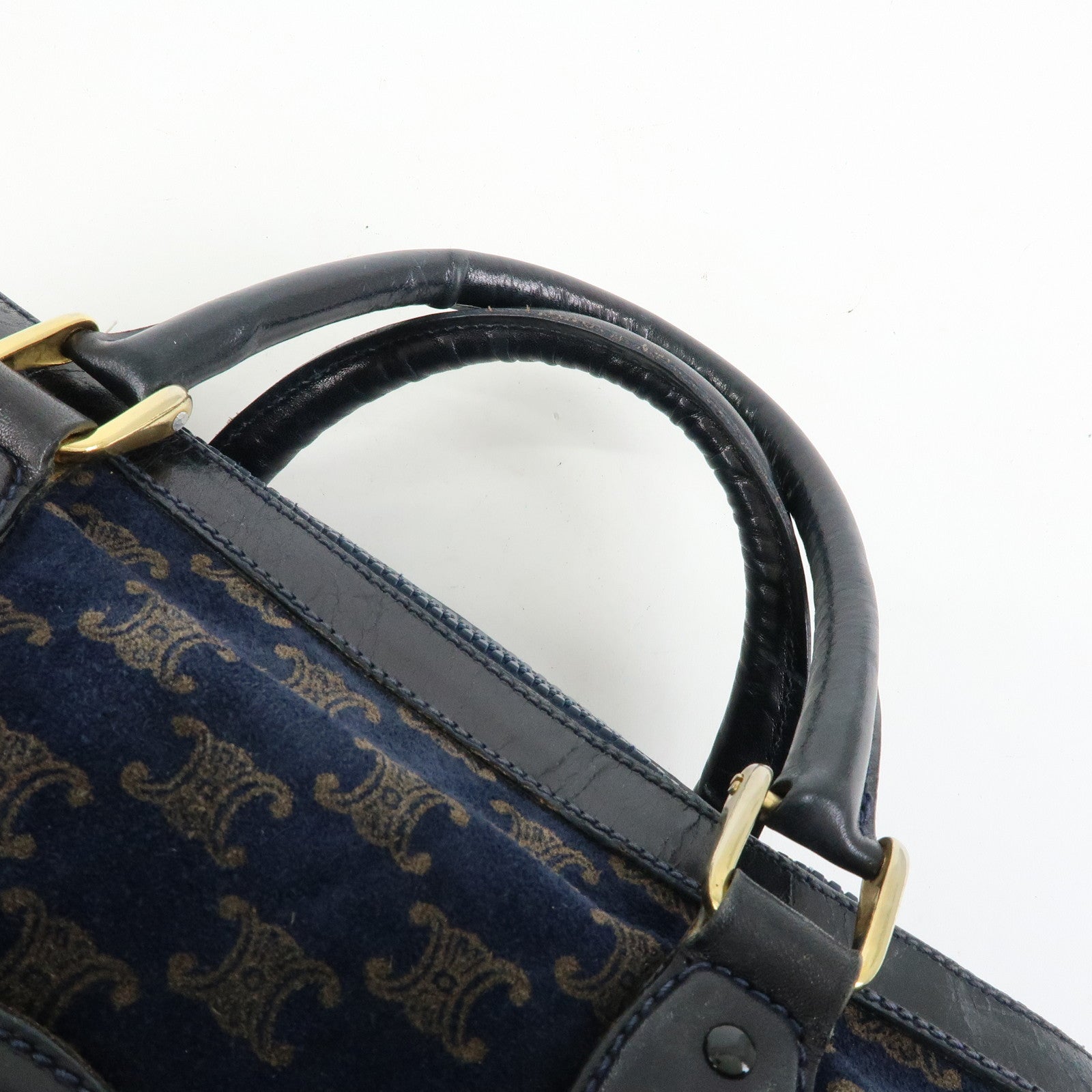 CELINE Macadam Leather Suede Hand Bag Boston Bag Navy