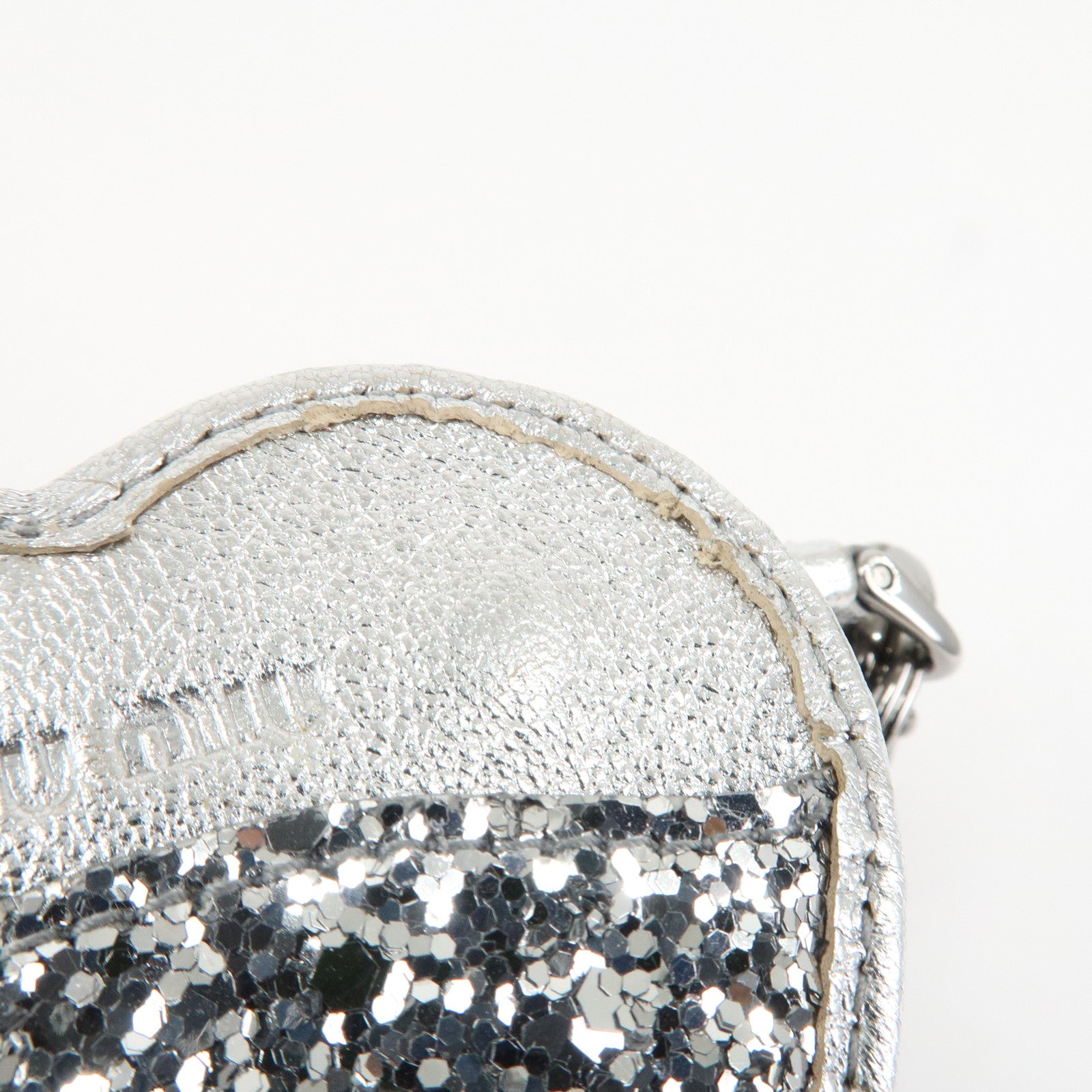 MIU MIU Heart Motif Glitter Leather Key Chain Bag Charm Silver