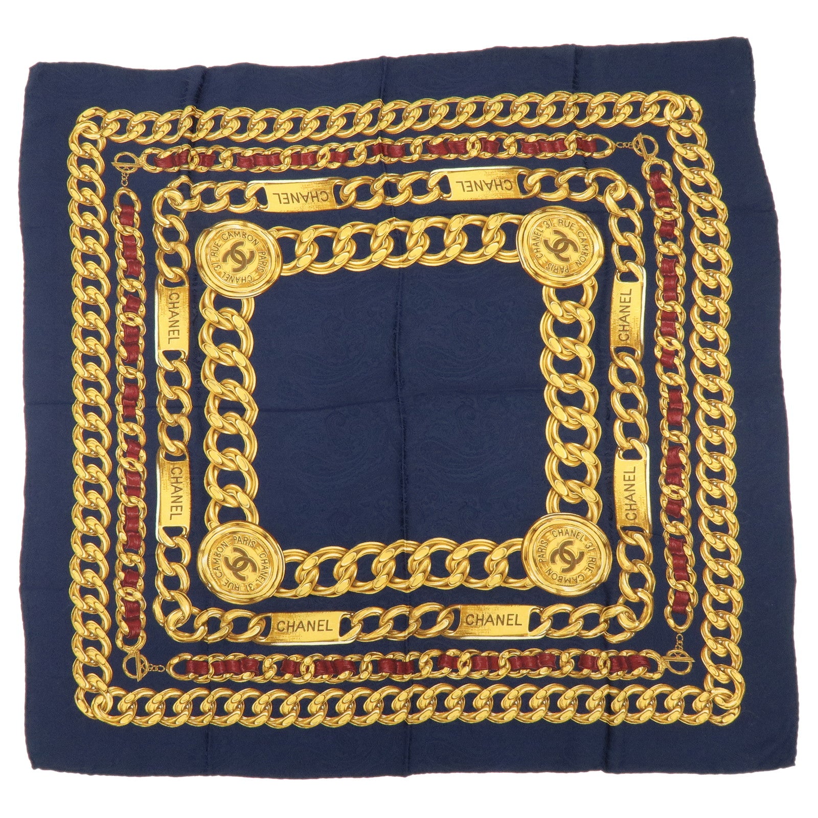 CHANEL COCO Mark Silk 100% Scarf Chain Motif Navy Gold
