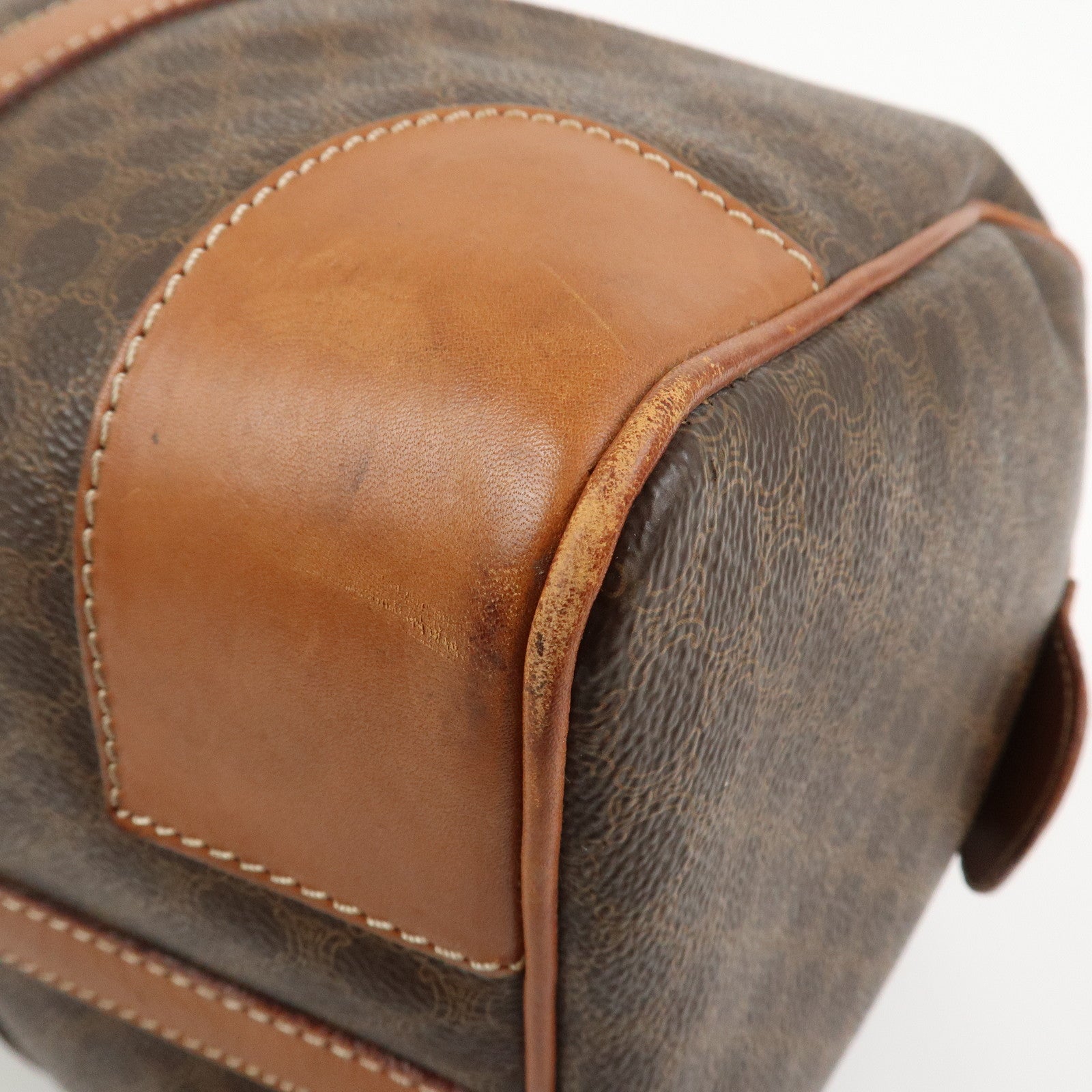 CELINE Macadam PVC Canvas Leather Boston Bag Hand Bag Brown