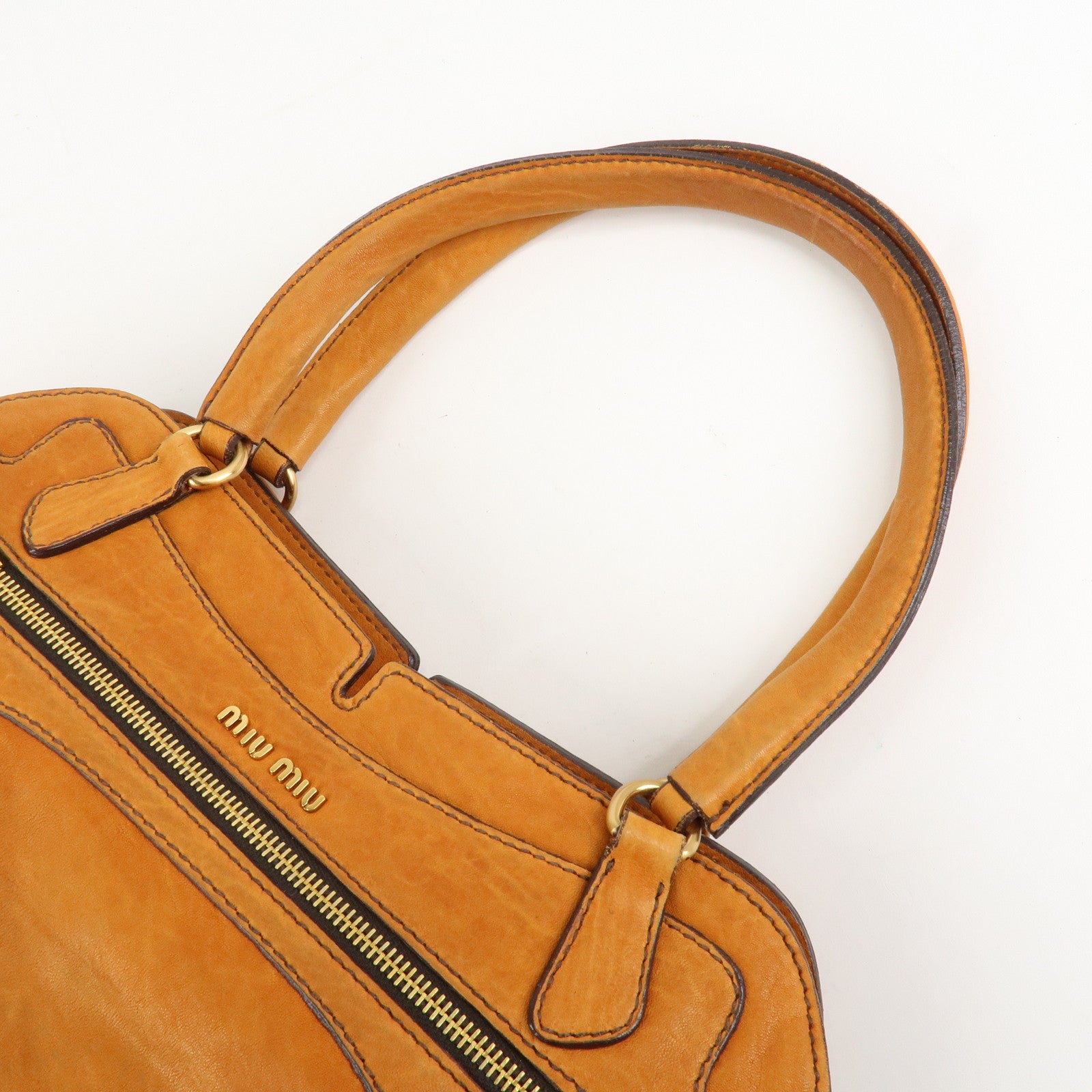 MIUMIU Logo Leather Shoulder Bag Boston Bag Hand Bag Gold HDW Brown Used