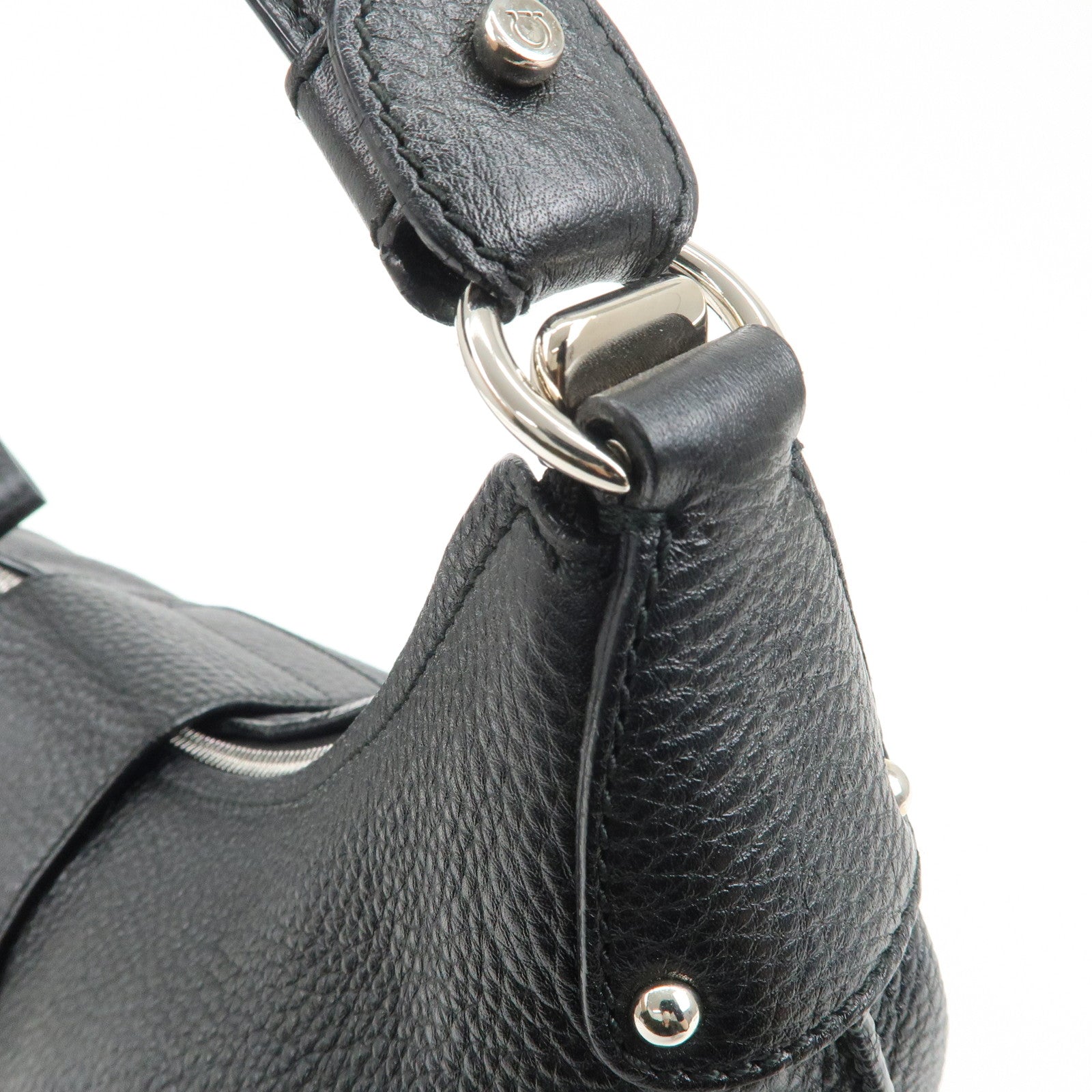 Ferragamo Gancini Leather Shoulder Bag Hand Bag Black Silver HDW