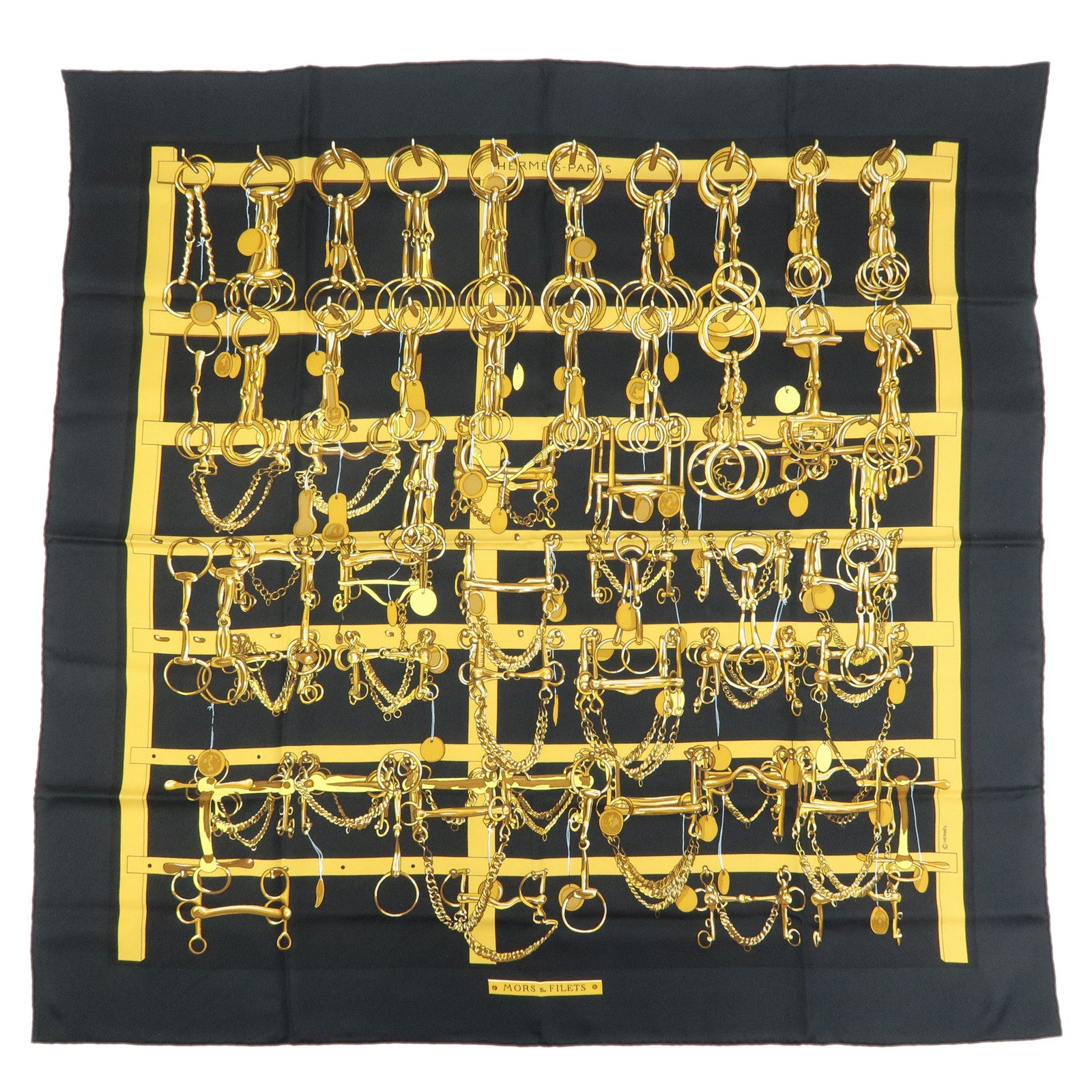 HERMES Carre 90 Silk 100% Scarf MORS&FILETS Black Yellow