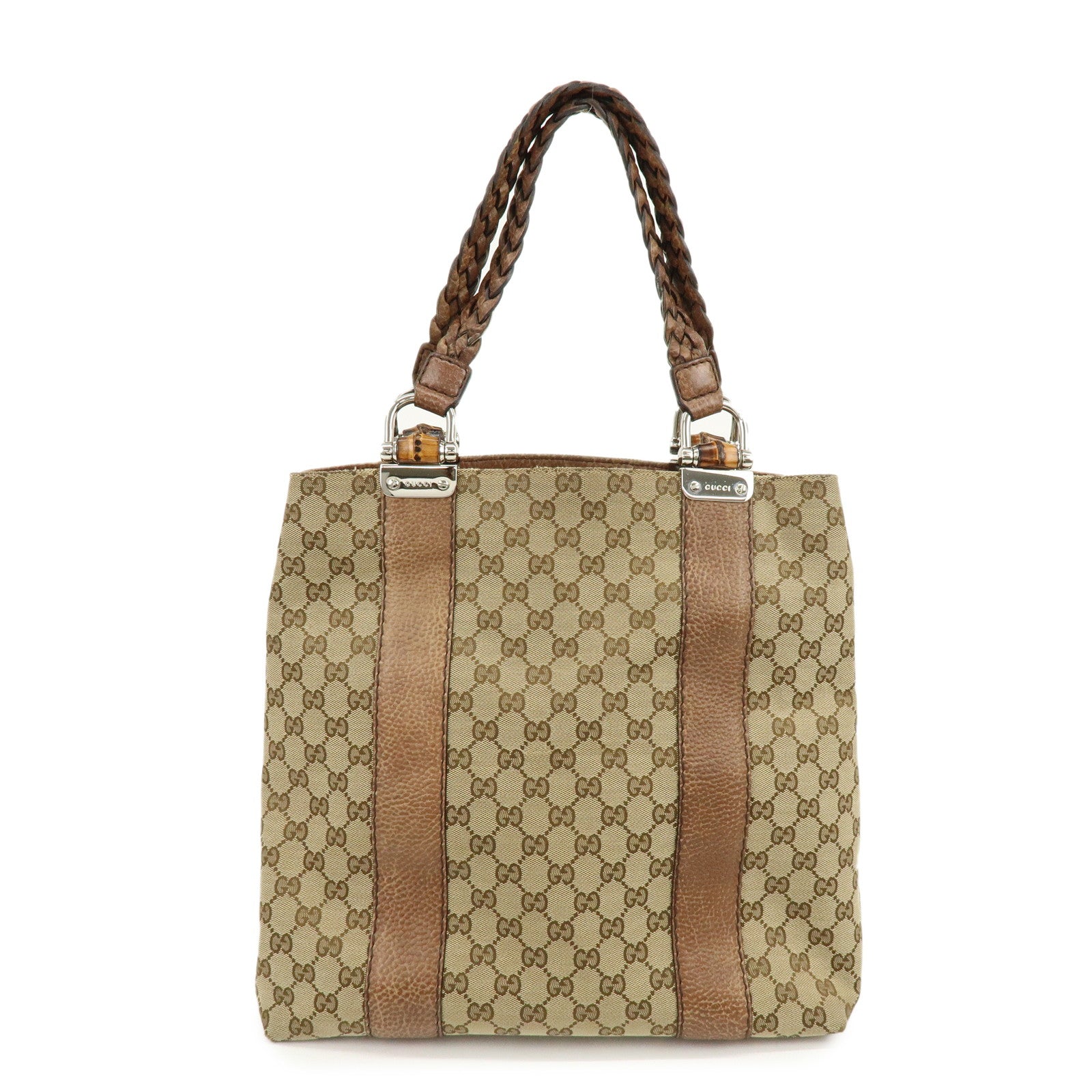 GUCCI Bamboo GG Canvas Leather Tote Bag Shoulder Bag Beige 232946