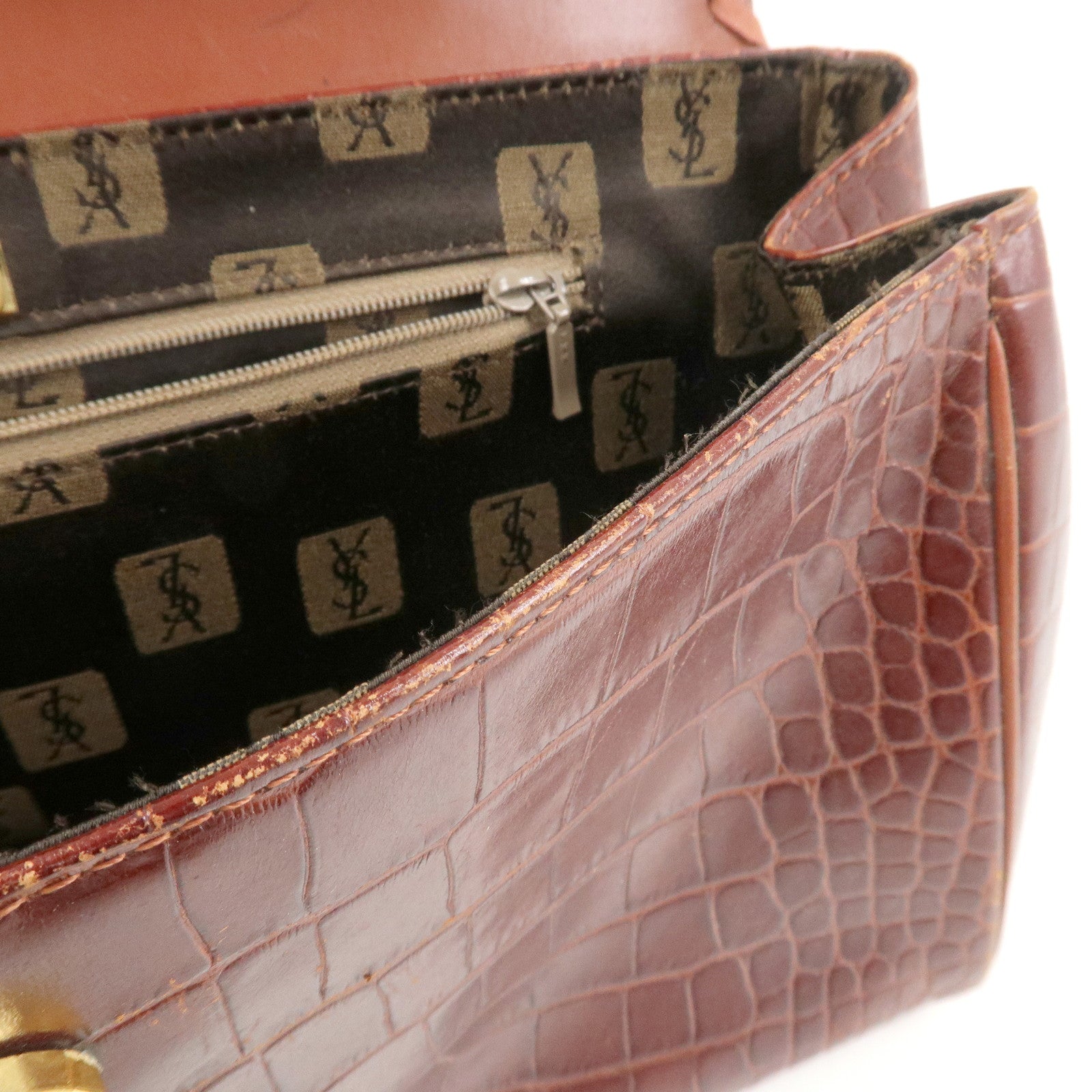 SAINT LAURENT PARIS Embossed Leather Hand Bag Red Brown