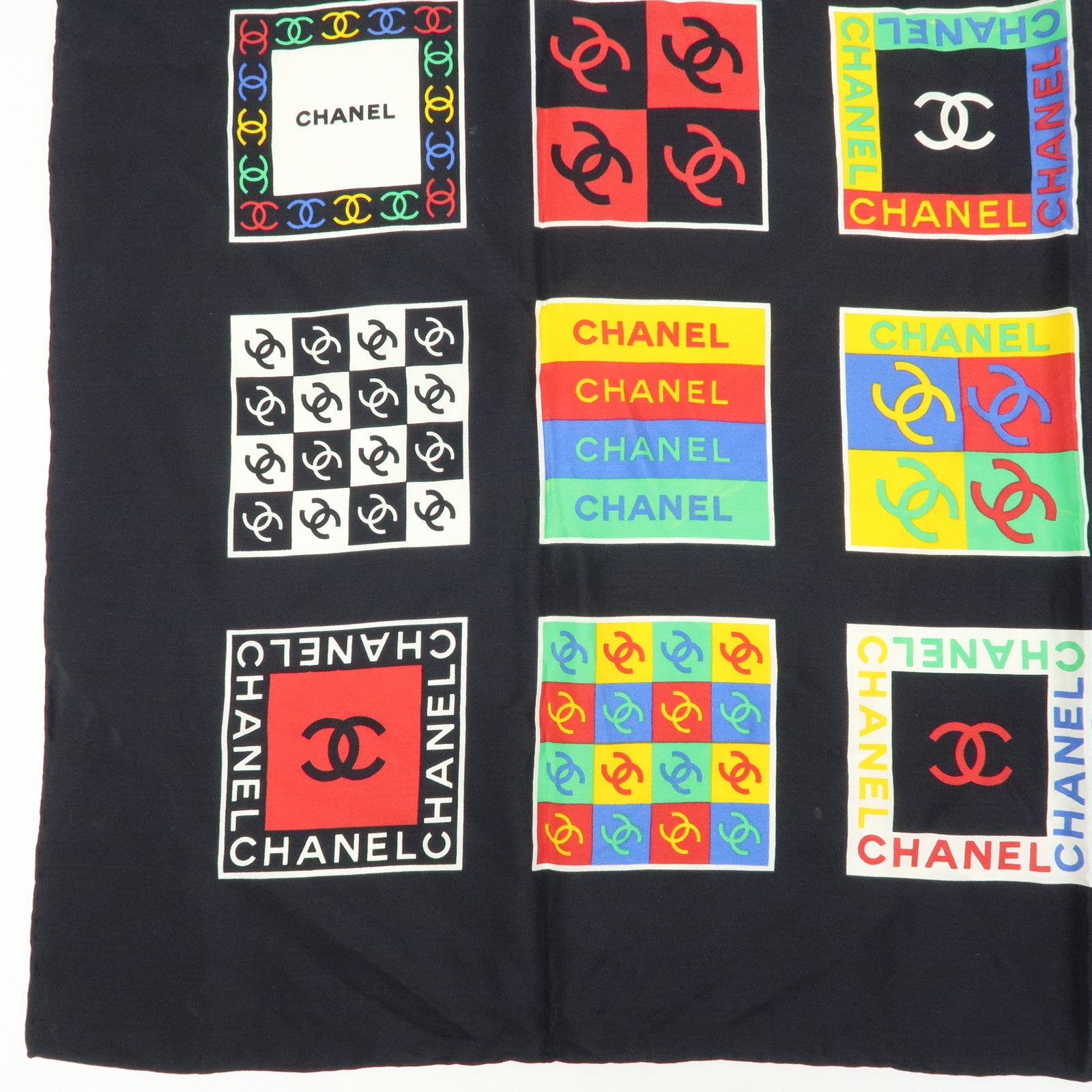 CHANEL COCO Mark Silk 100% Scarf 85×85 Black Multicolor
