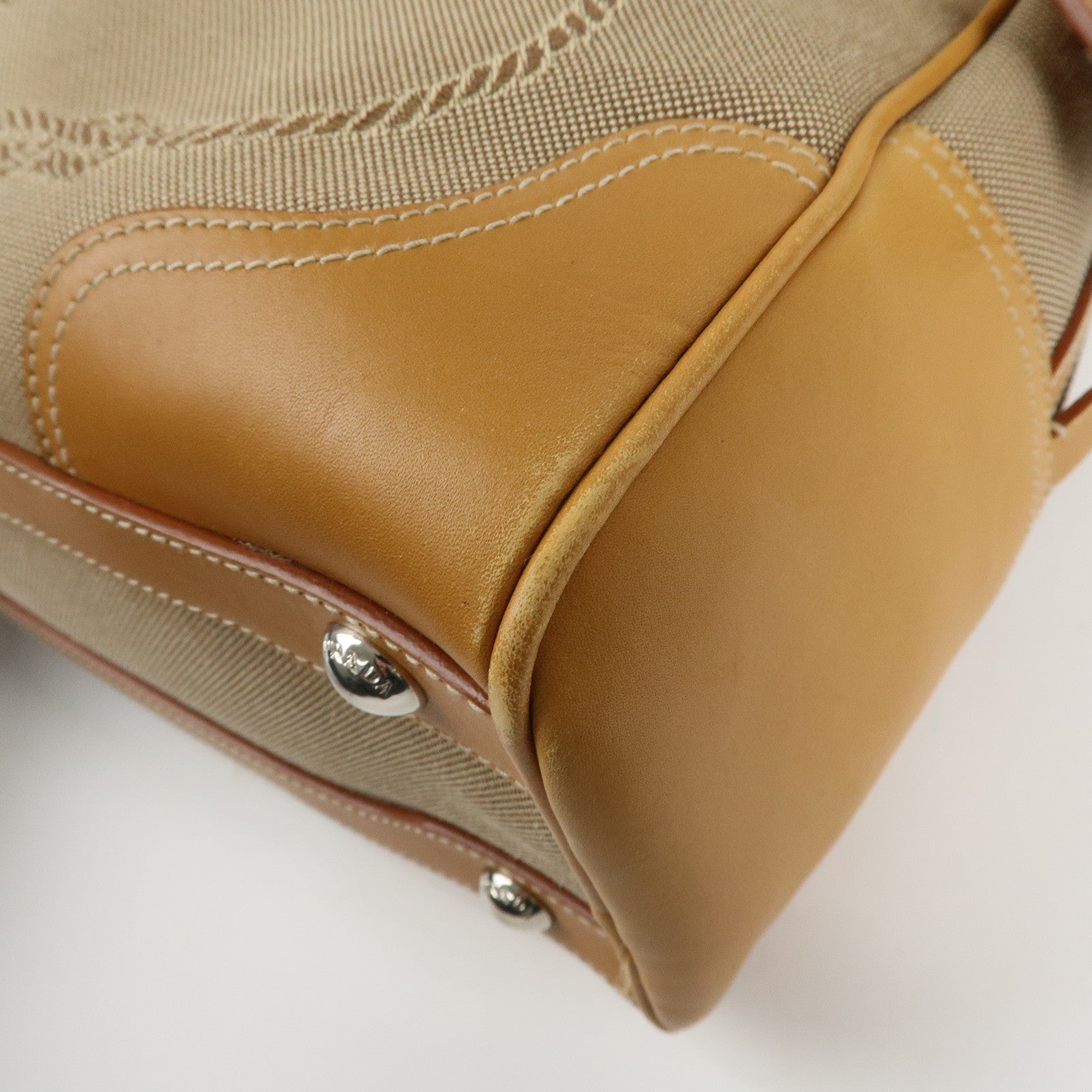 PRADA Logo Jacquard Leather Boston Bag Shoulder Bag Beige Used