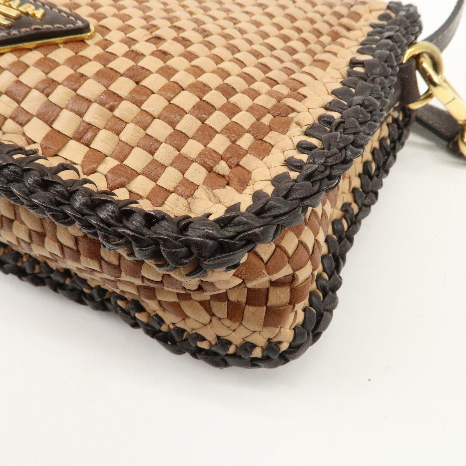 PRADA Madras Leather Shoulder bag Beige Brown BT781V Used