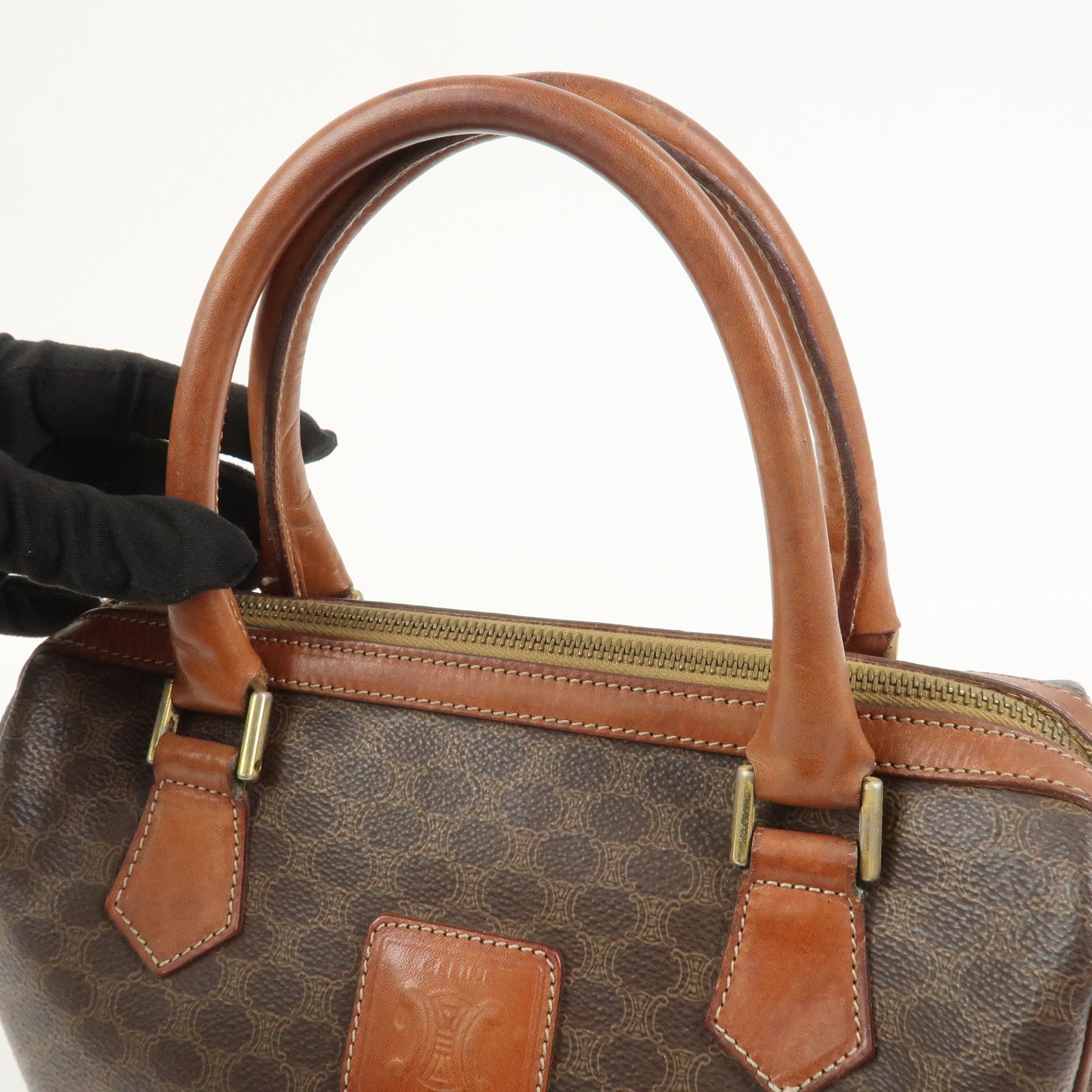 CELINE Macadam PVC Canvas Leather Boston Bag Hand Bag Brown