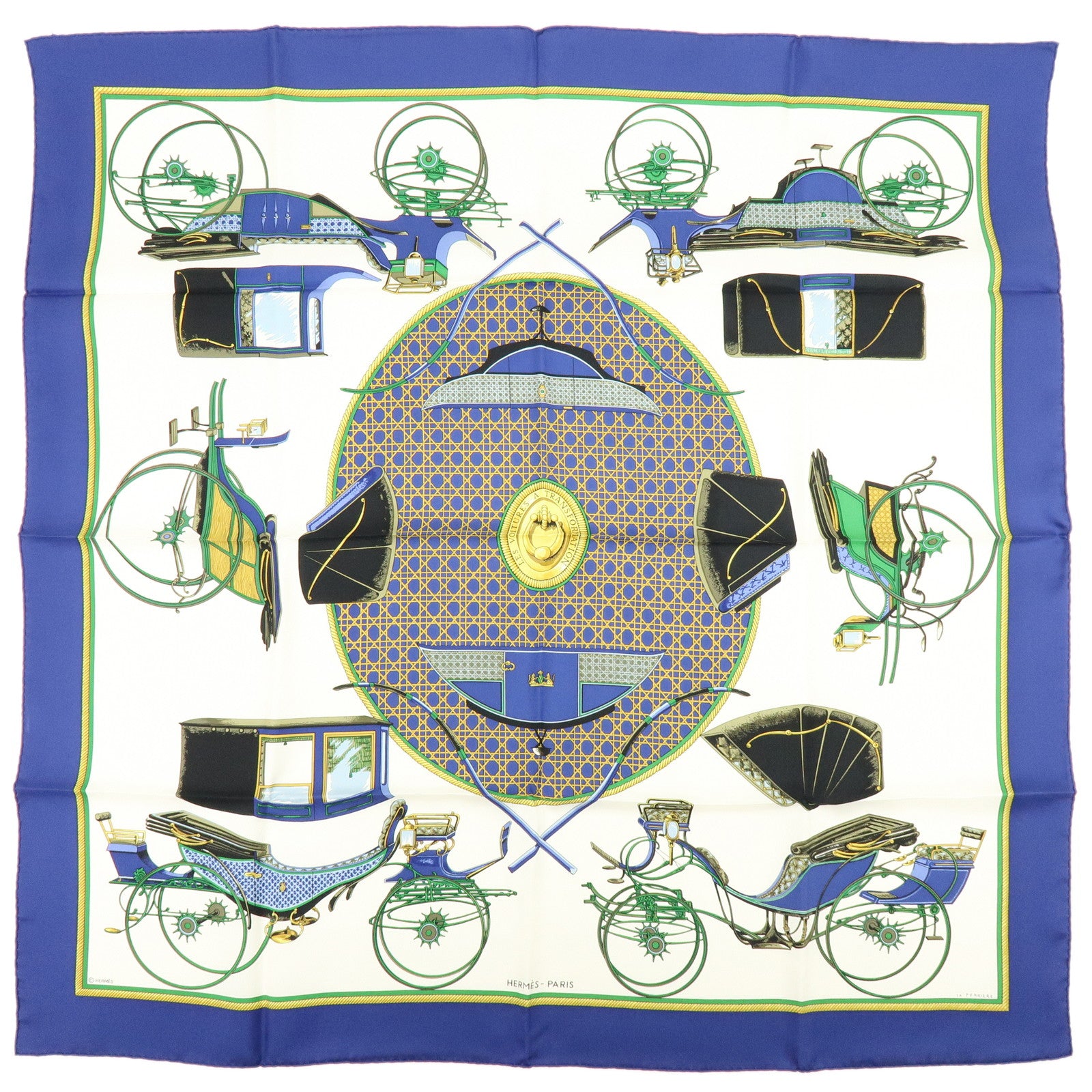 HERMES Carre 90 Silk 100% LES VOITURES A TRANSFORMATION Scarf Blue