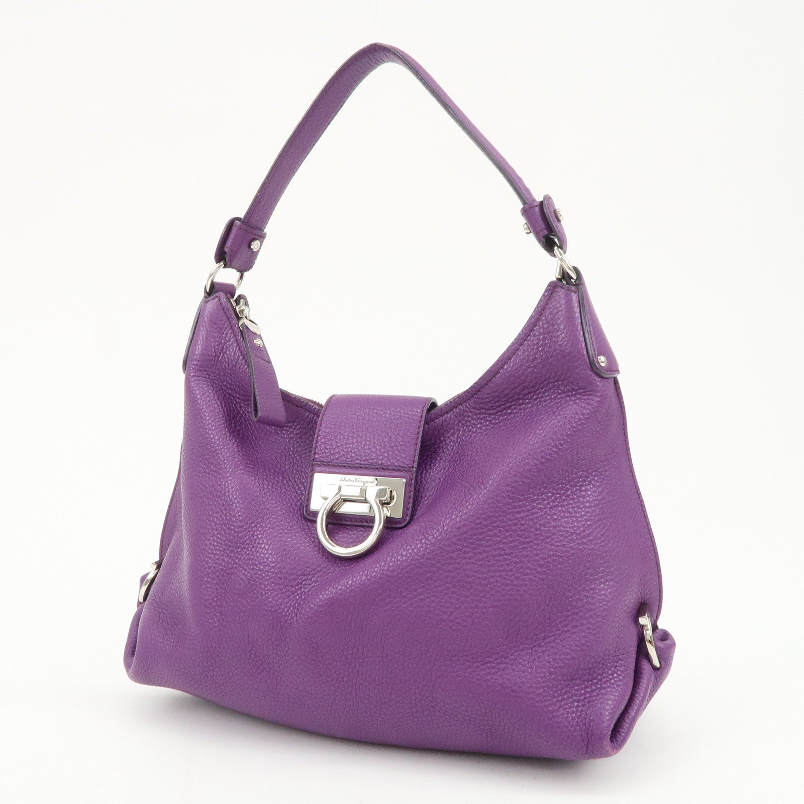 Ferragamo Gancini Logo Leather Shoulder Bag Hand Bag Purple